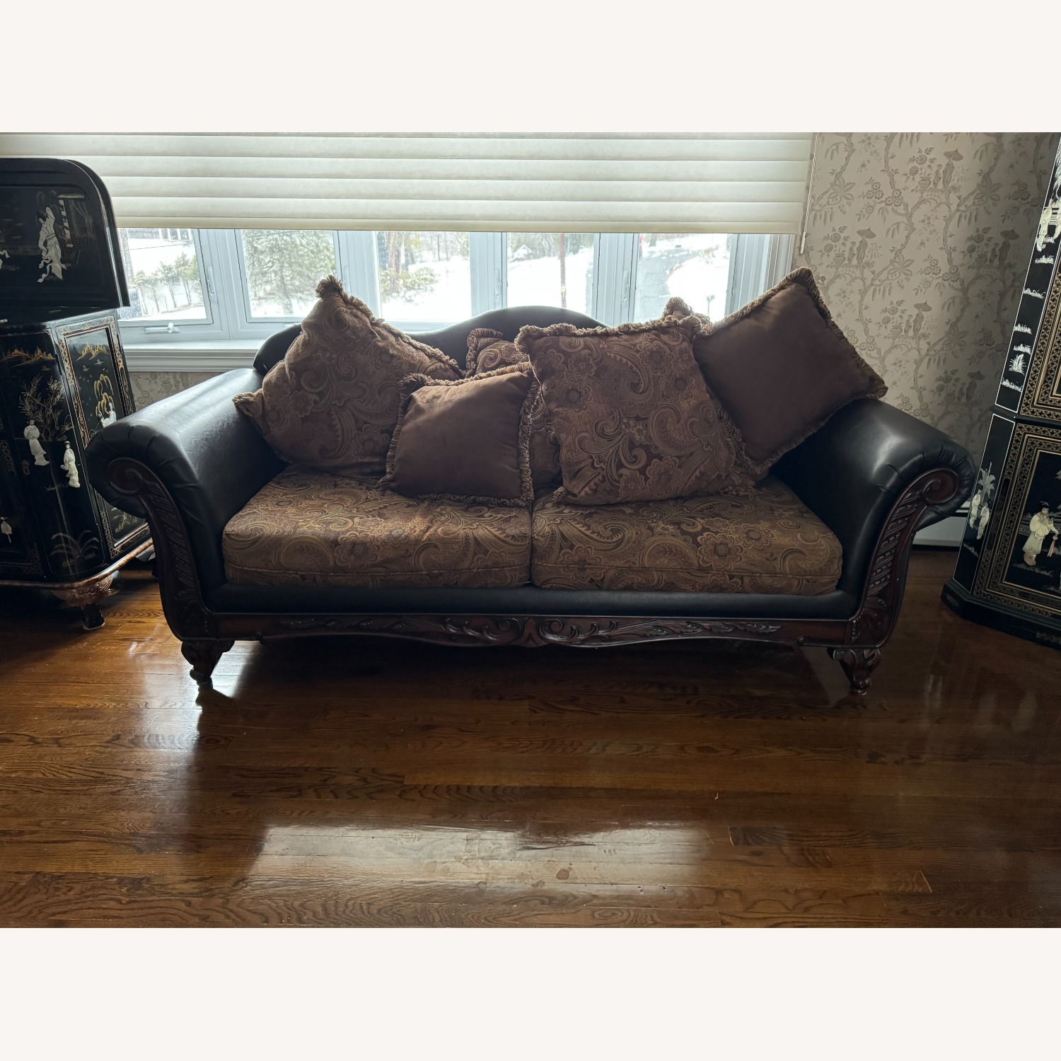 Raymour & Flanigan Sofa with Elegant Wood & Faux Leather - image-1