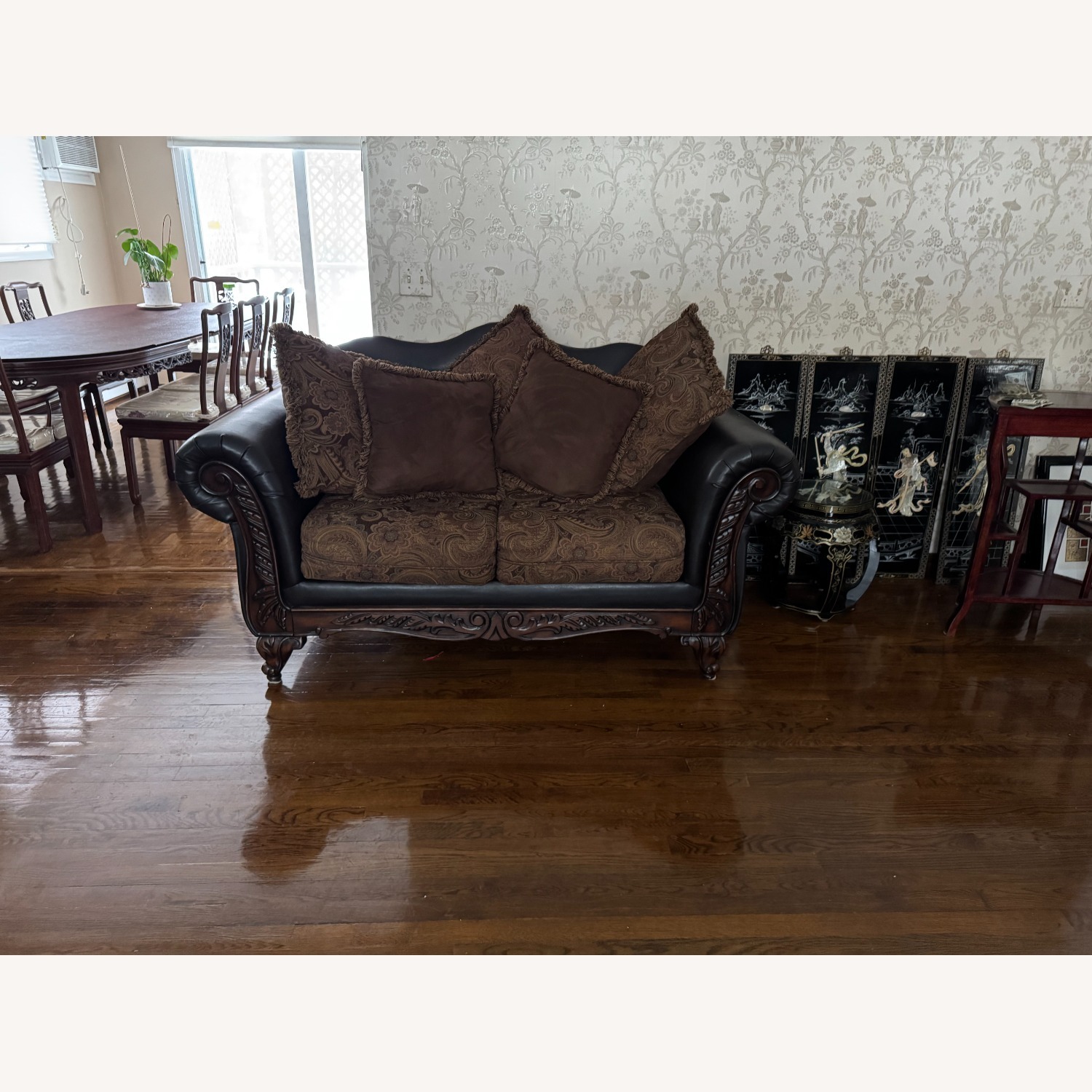 Raymour & Flanigan Sofa with Elegant Wood & Faux Leather - image-2