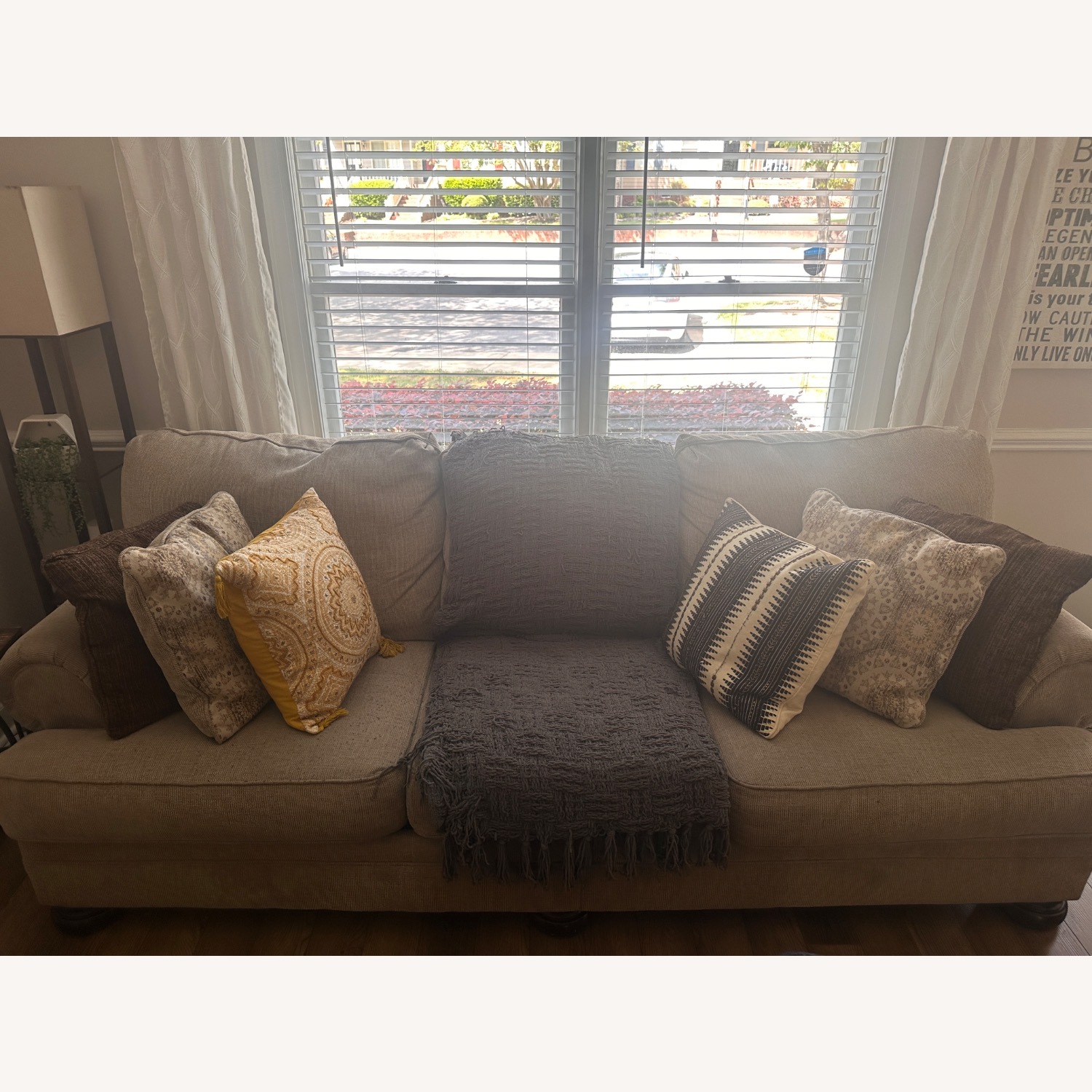 Comfortable Tan Sofa 90 Inches Wide - image-1