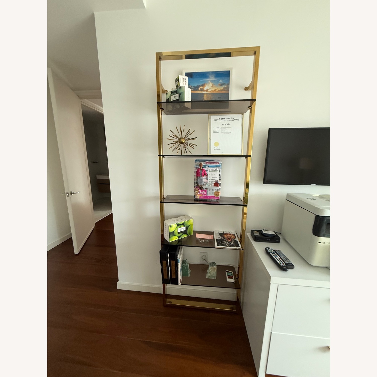 CB2 Tesso Brass Metal Wall Mount Bookshelf - image-3