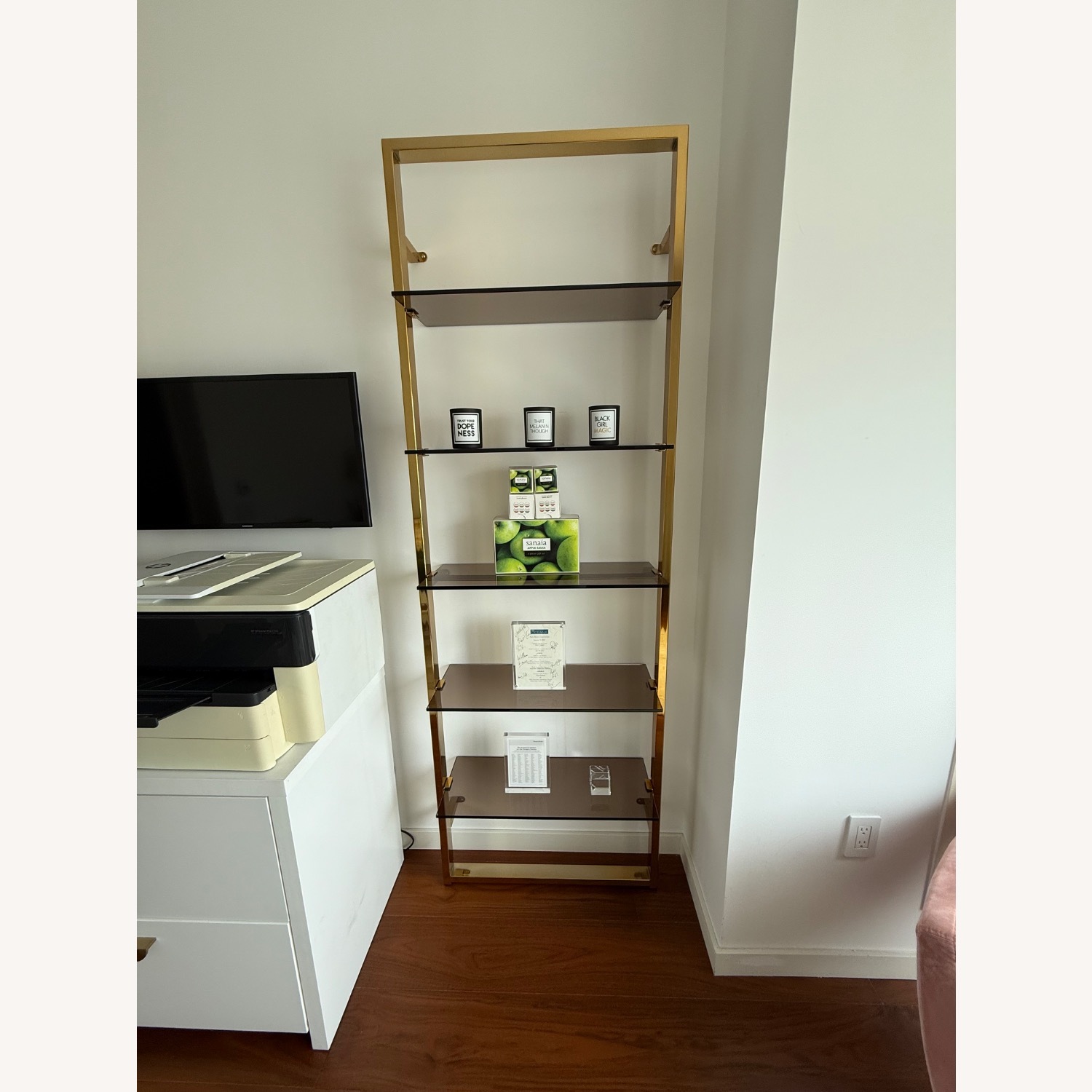 CB2 Tesso Brass Metal Wall Mount Bookshelf - image-2