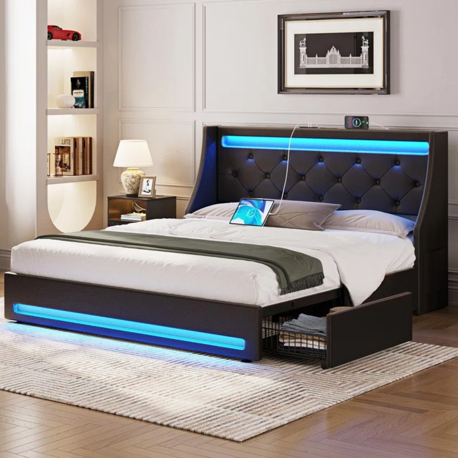 Storage Bed with Charging Station and LED Lights - image-5