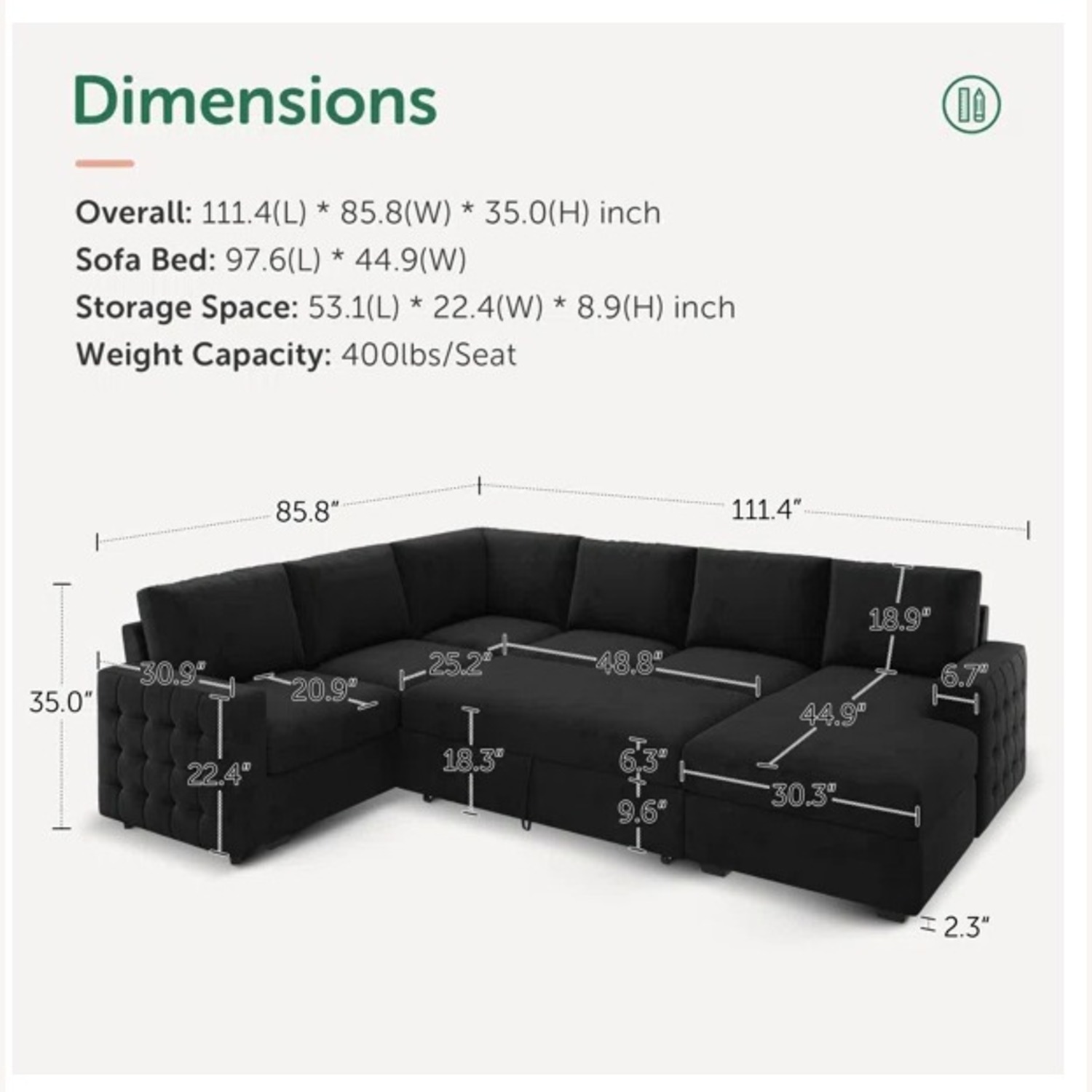 Sectional Sofa Bed/ Sleeper Couch w/Storage Chaise - image-4