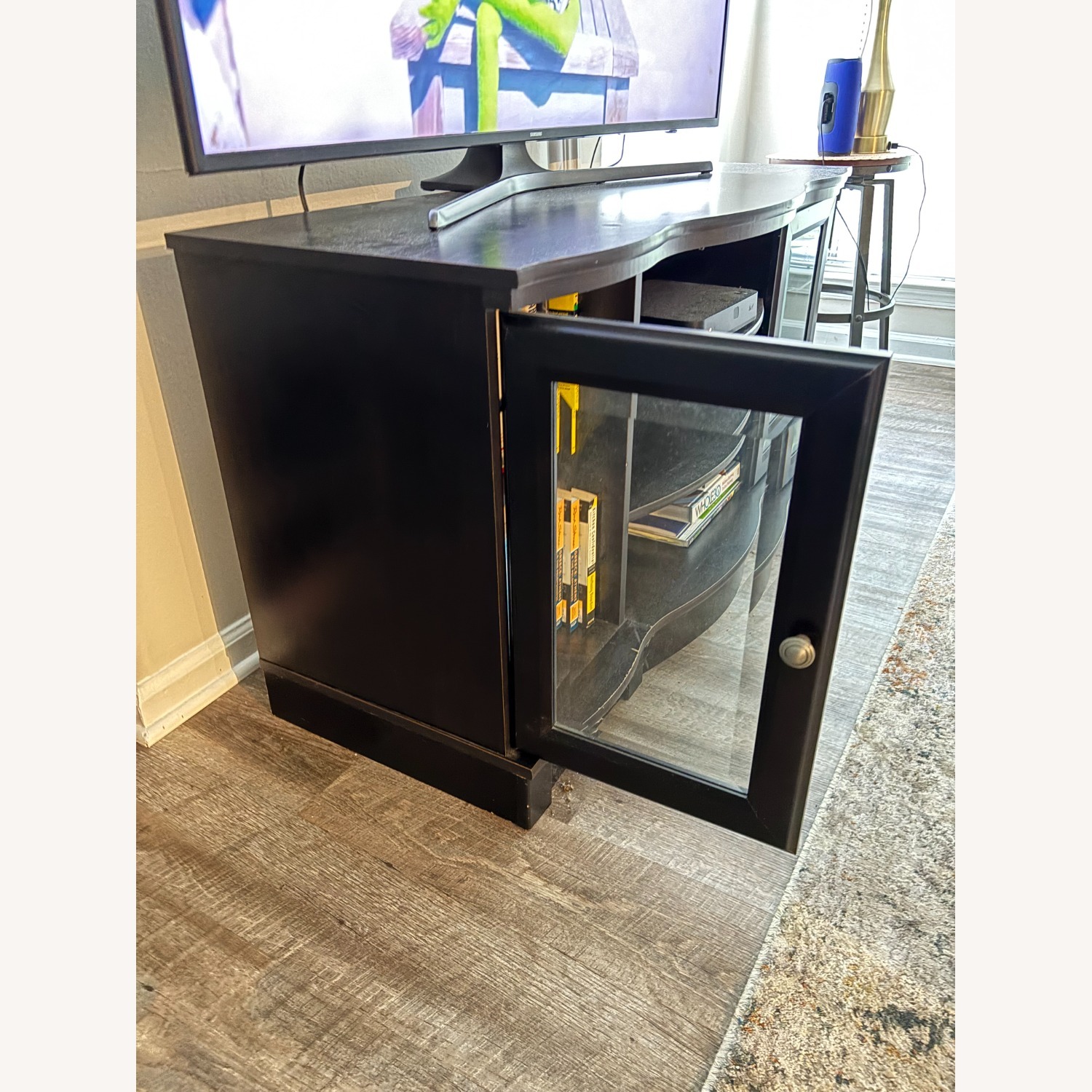 Raymour & Flanigan Black Wood TV Console with Glass Doors - image-6