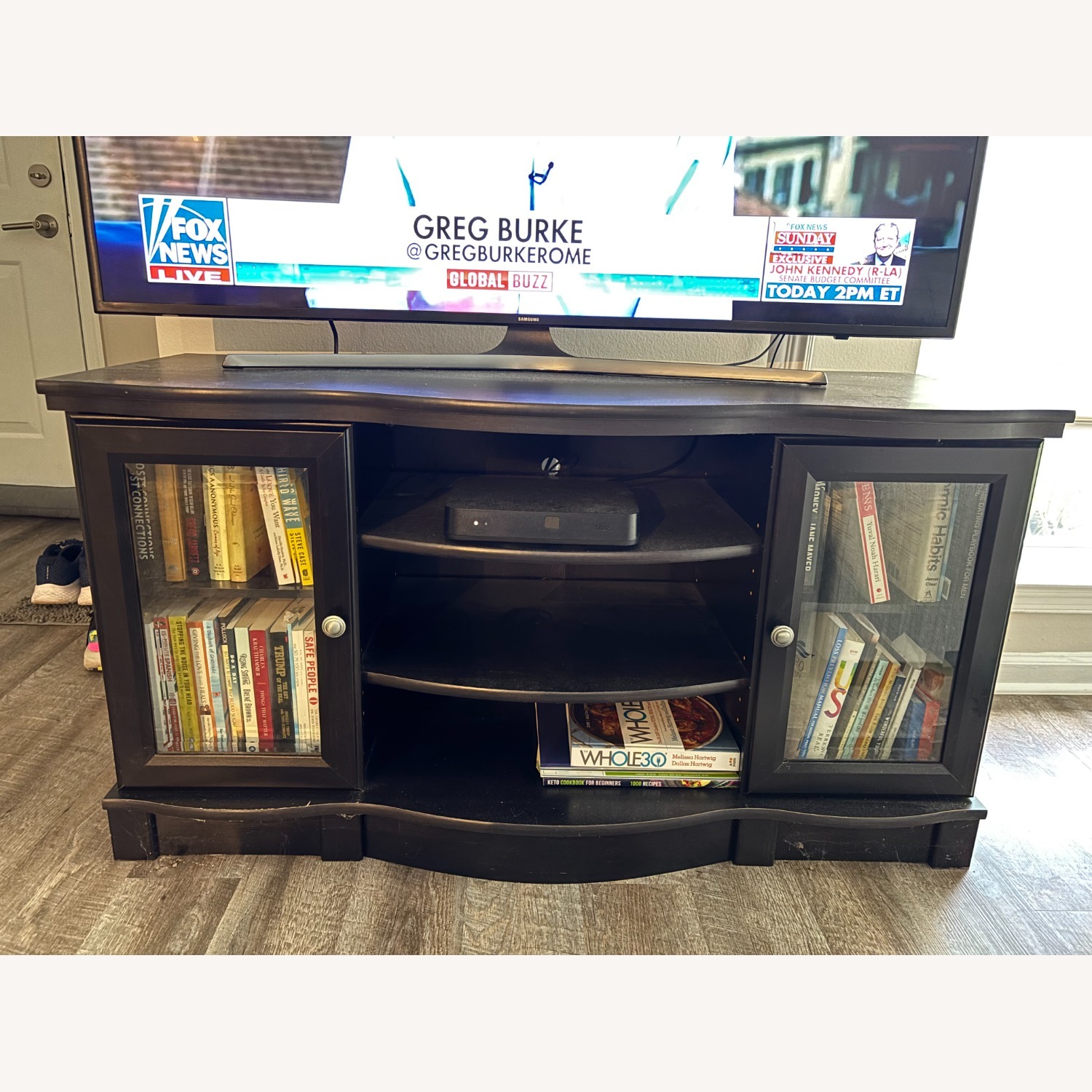 Raymour & Flanigan Black Wood TV Console with Glass Doors - image-1