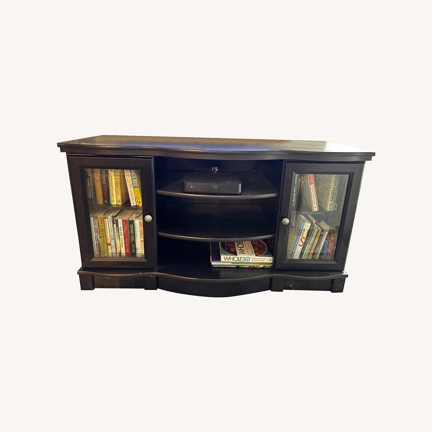 Raymour & Flanigan Black Wood TV Console with Glass Doors - image-0