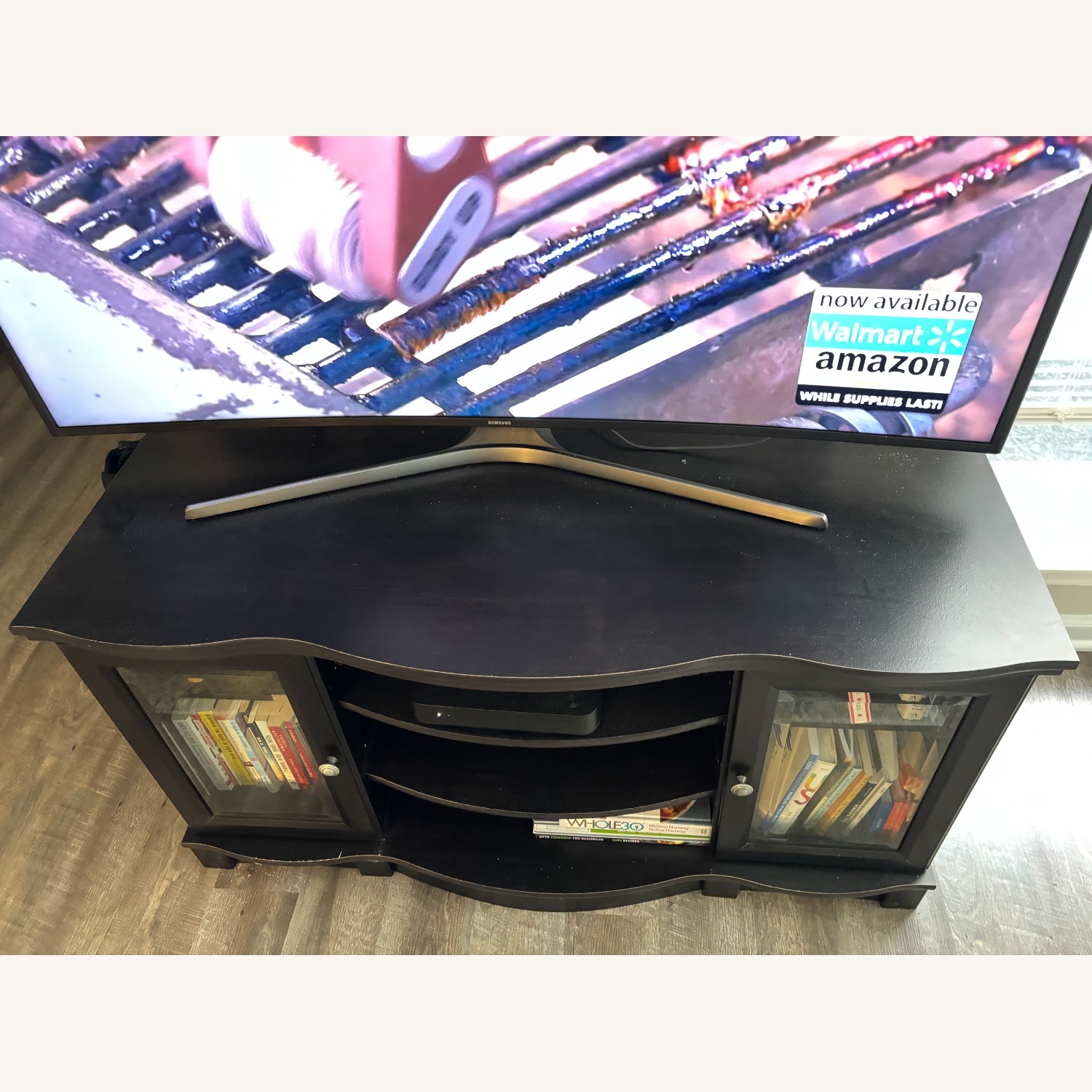 Raymour & Flanigan Black Wood TV Console with Glass Doors - image-7