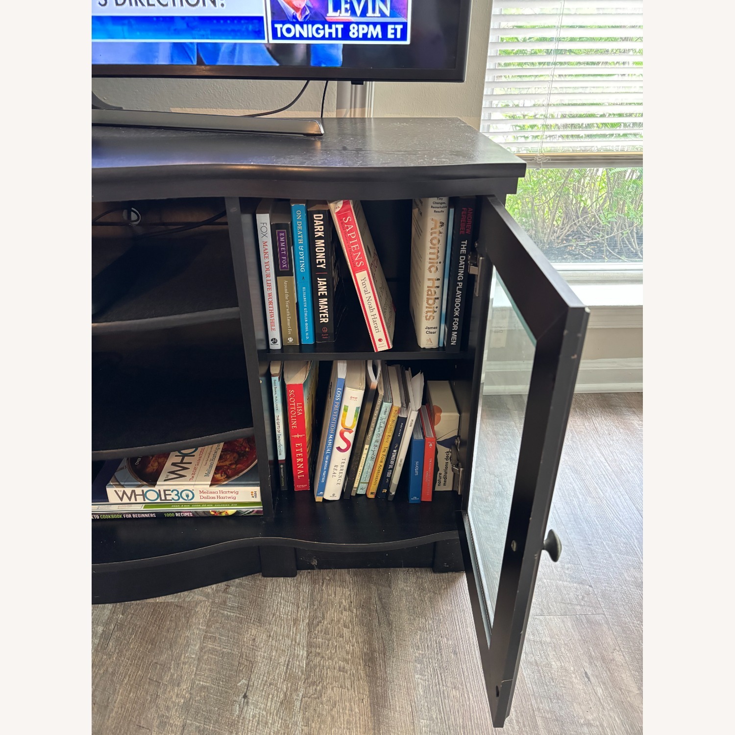 Raymour & Flanigan Black Wood TV Console with Glass Doors - image-8