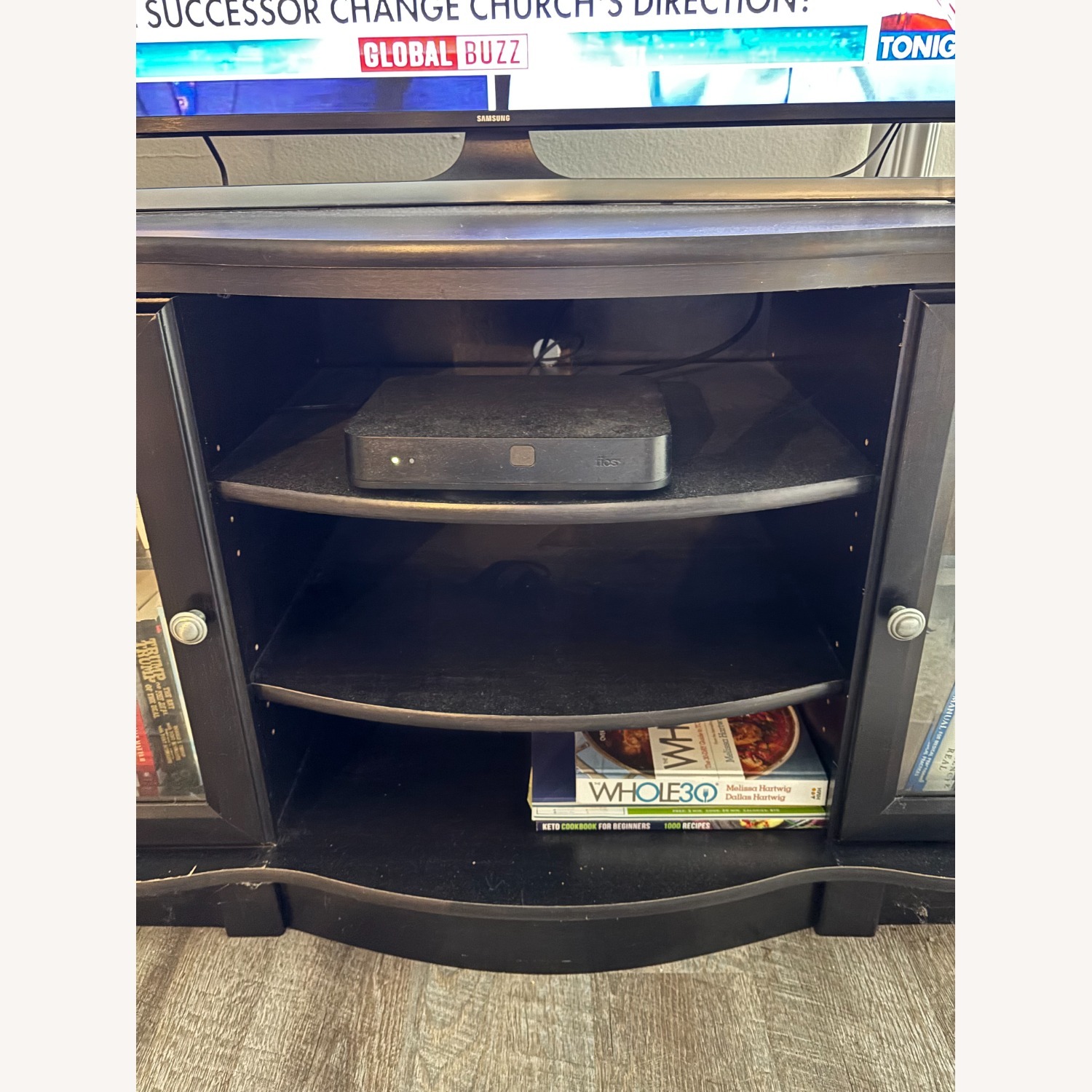 Raymour & Flanigan Black Wood TV Console with Glass Doors - image-5