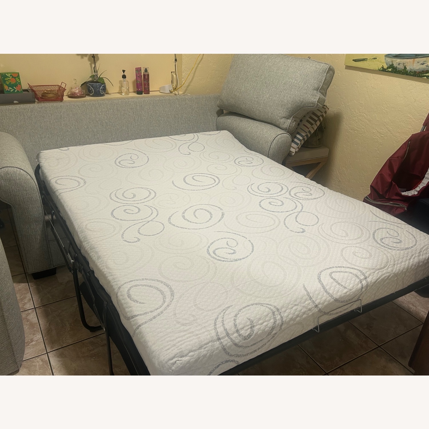 Rooms To Go Light Green/Gray Loveseat sleeper sofa - image-3