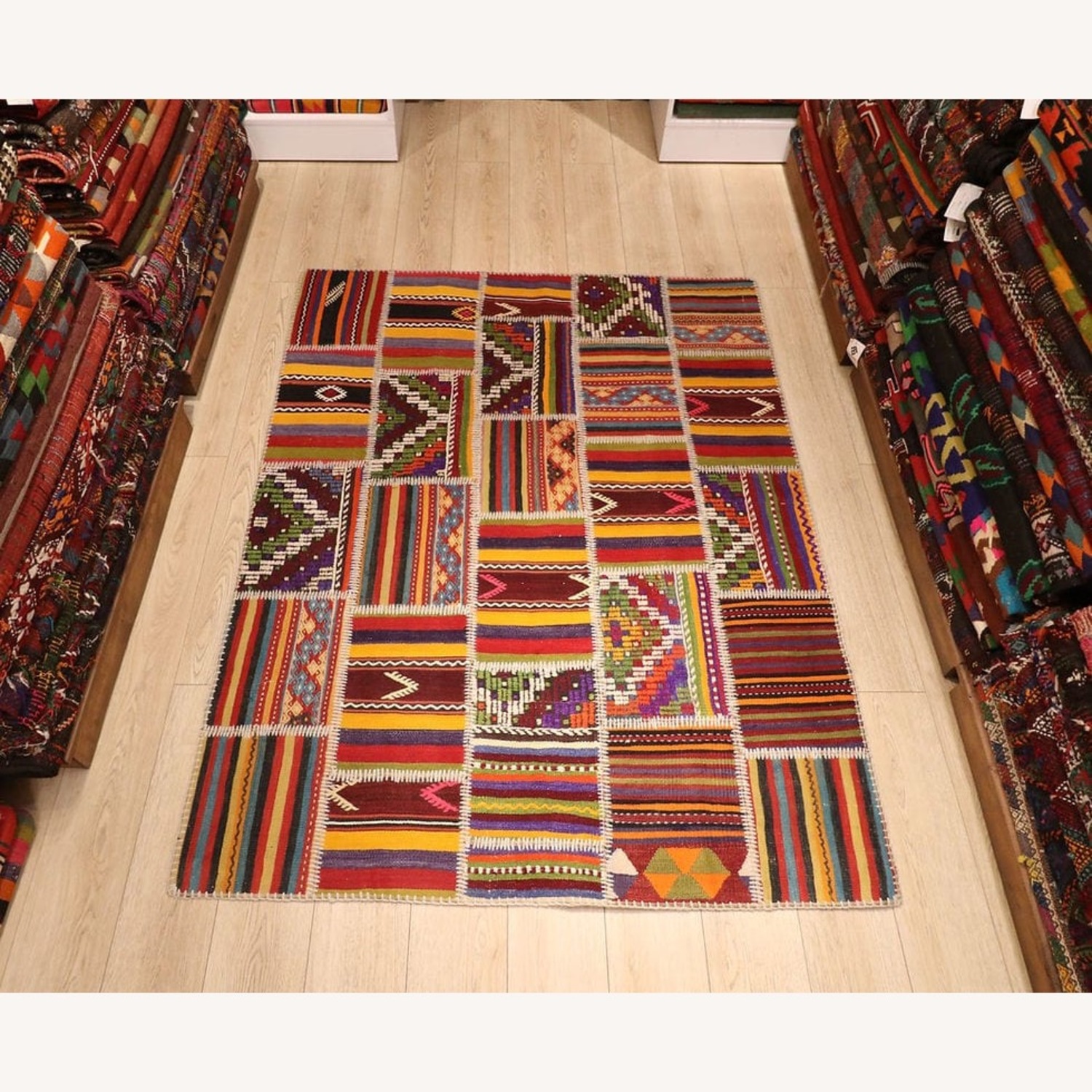 Semi-Antique Turkish Patchwork Rustic Flat-Weave - image-2