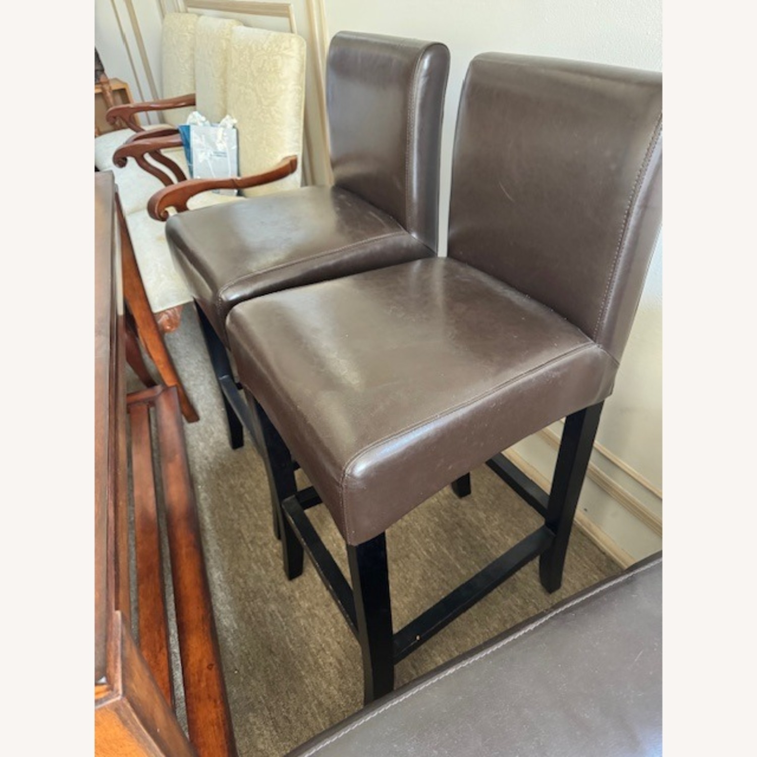 Pottery Barn 2 Dark Brown Leather Barstools - image-1