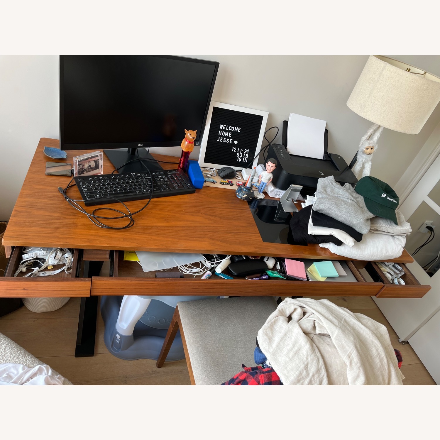 Wood/Iron Wide Desk with 3 Drawers - image-2