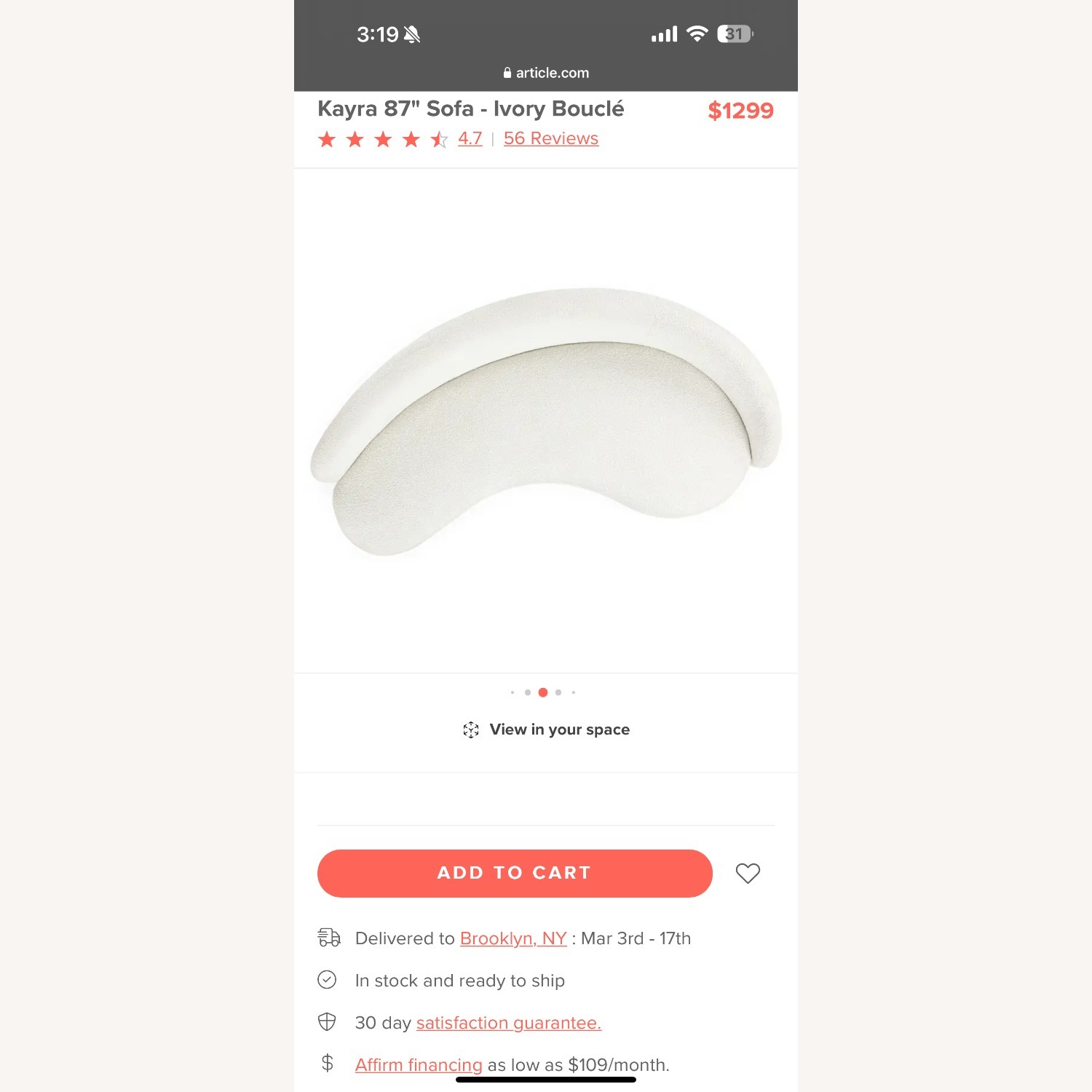 Article Kayra 87'' Ivory Boucle Sofa - image-1