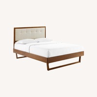 King Bed in Walnut Wood Frame & Beige Headboard