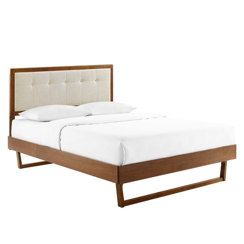 Used King Bed in Walnut Wood Frame & Beige Headboard for sale on AptDeco