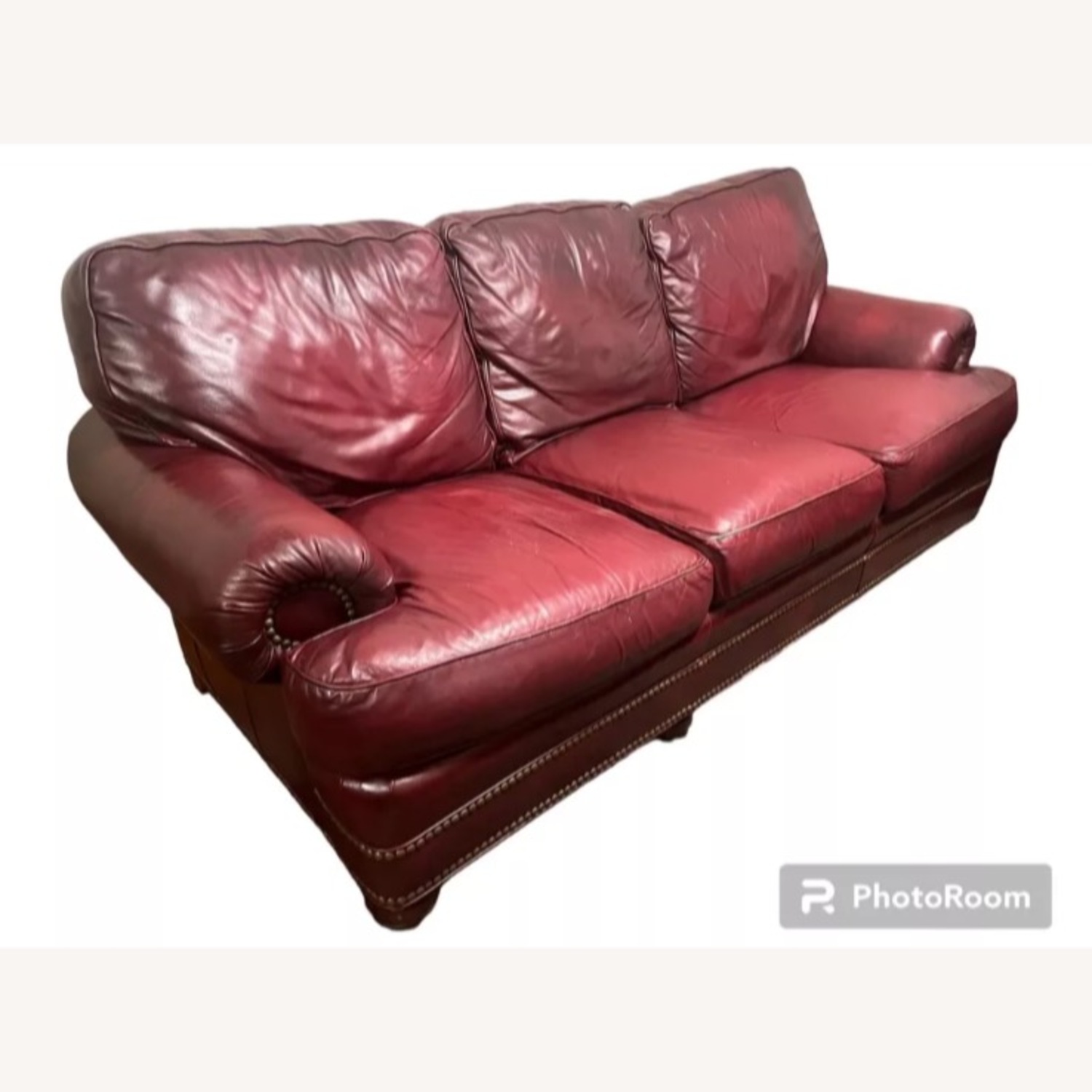 Hancock Moore Red Leather Sofa Nailed Tufted - image-1