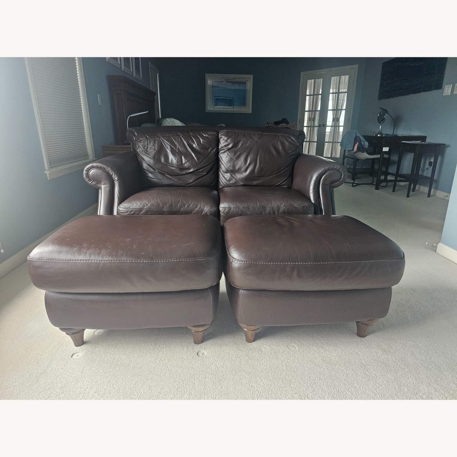 Natuzzi Leather Loveseat W 2 Ottomans - image-1