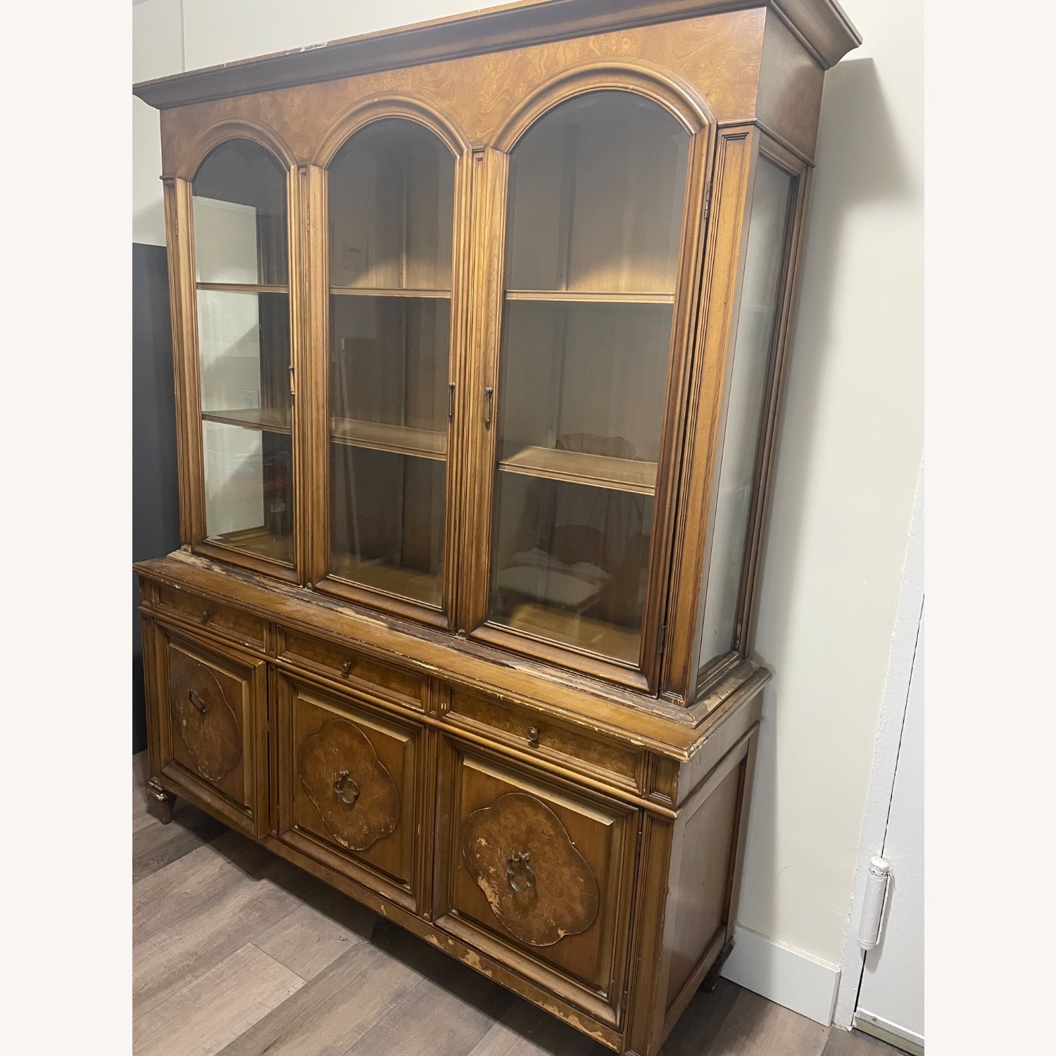 Mid Century Wood China Cabinet with Beveled Glass - image-1