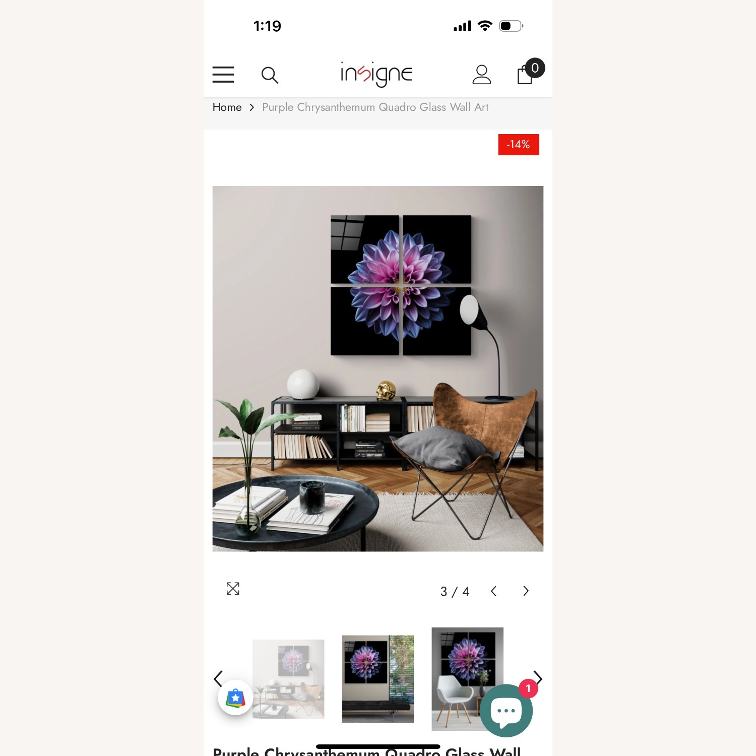 Purple Chrysanthemum Quadro Glass Wall Art - image-1