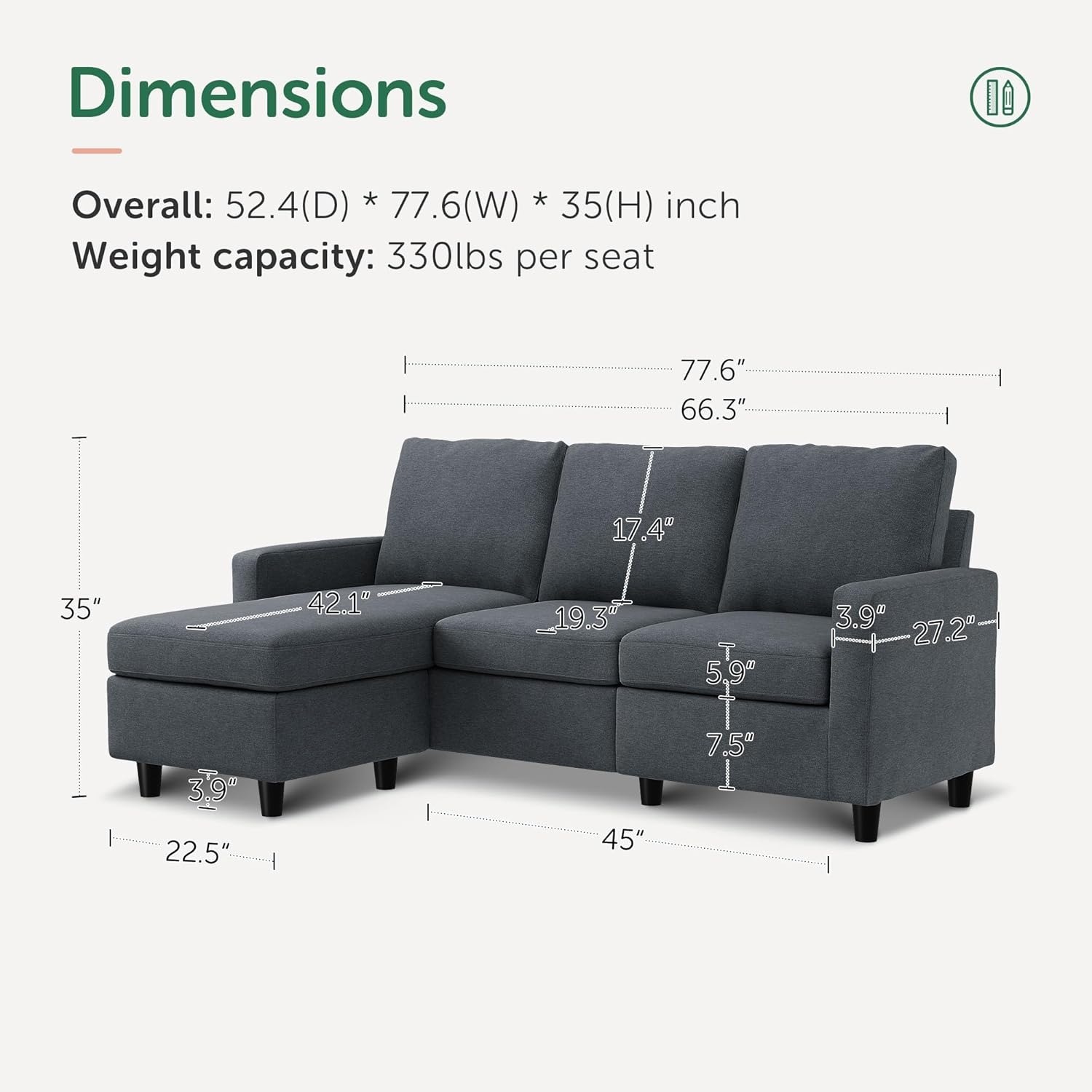 Honbay 3 Seater Sectional Sofa with Ottoman - image-5