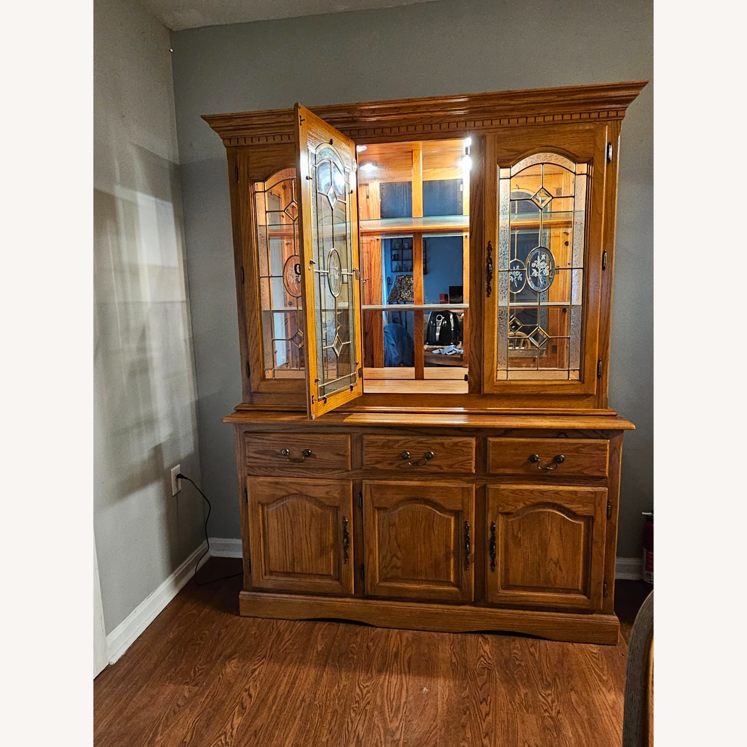Vintage Lighted, Two-piece Oak China Cabinet  - image-3