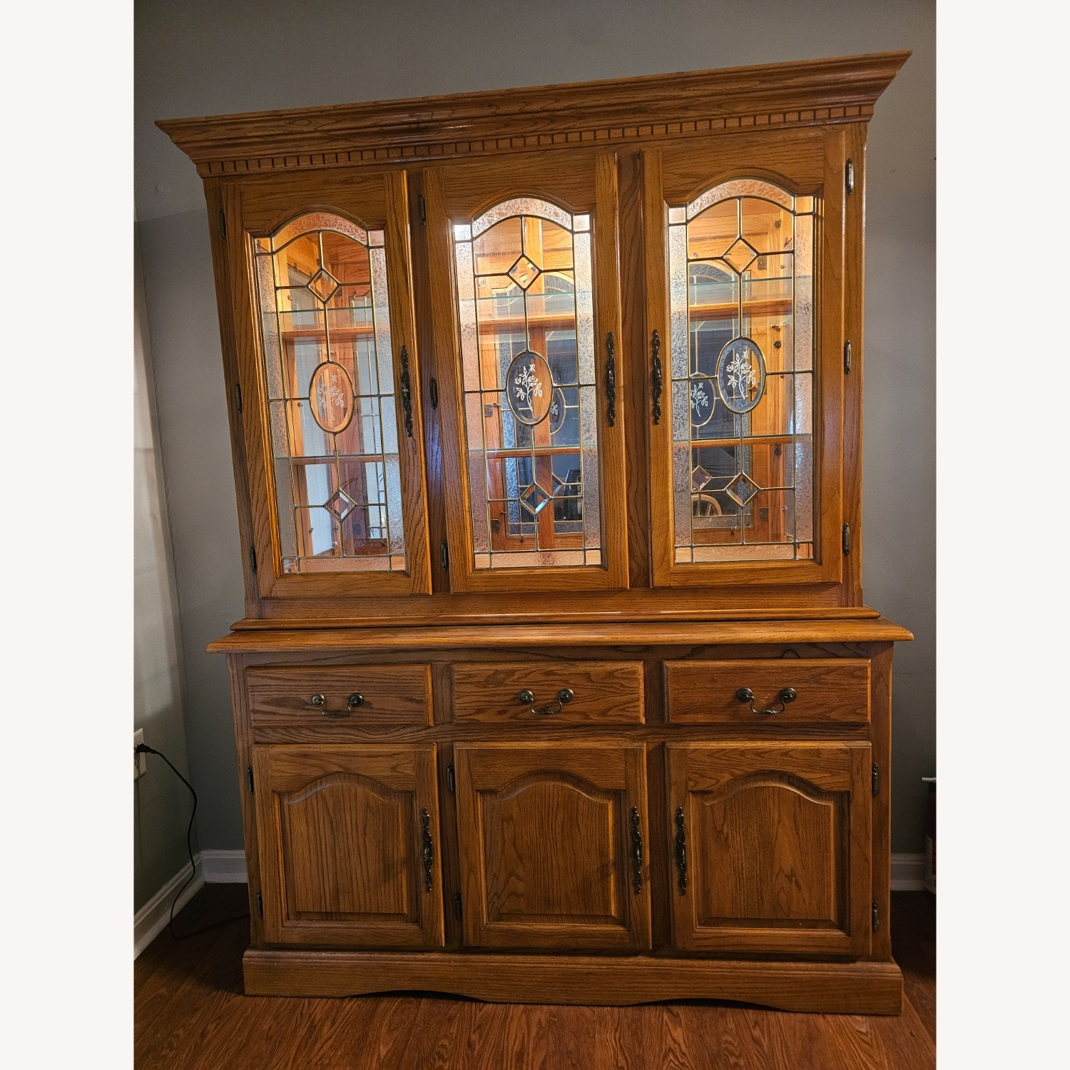 Vintage Lighted, Two-piece Oak China Cabinet  - image-2
