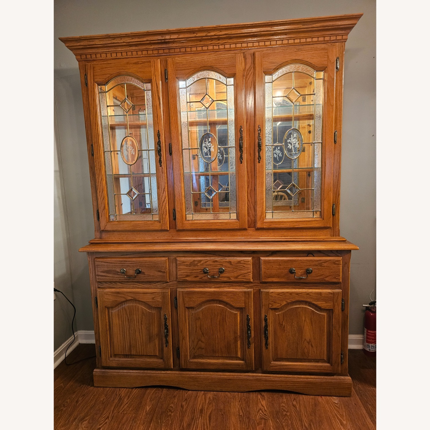 Vintage Lighted, Two-piece Oak China Cabinet  - image-1