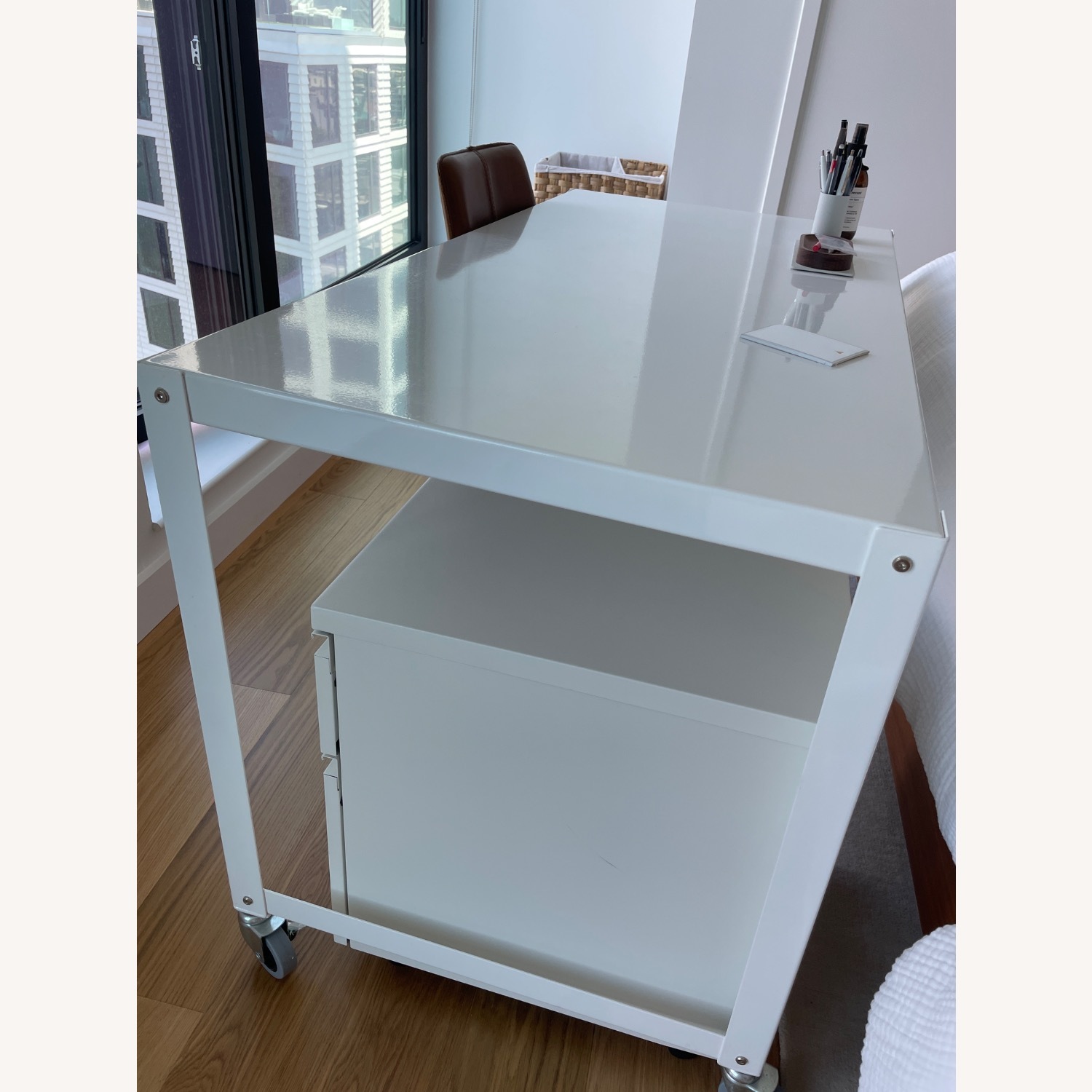 CB2 Go-Cart White Metal Desk on Wheels - image-2