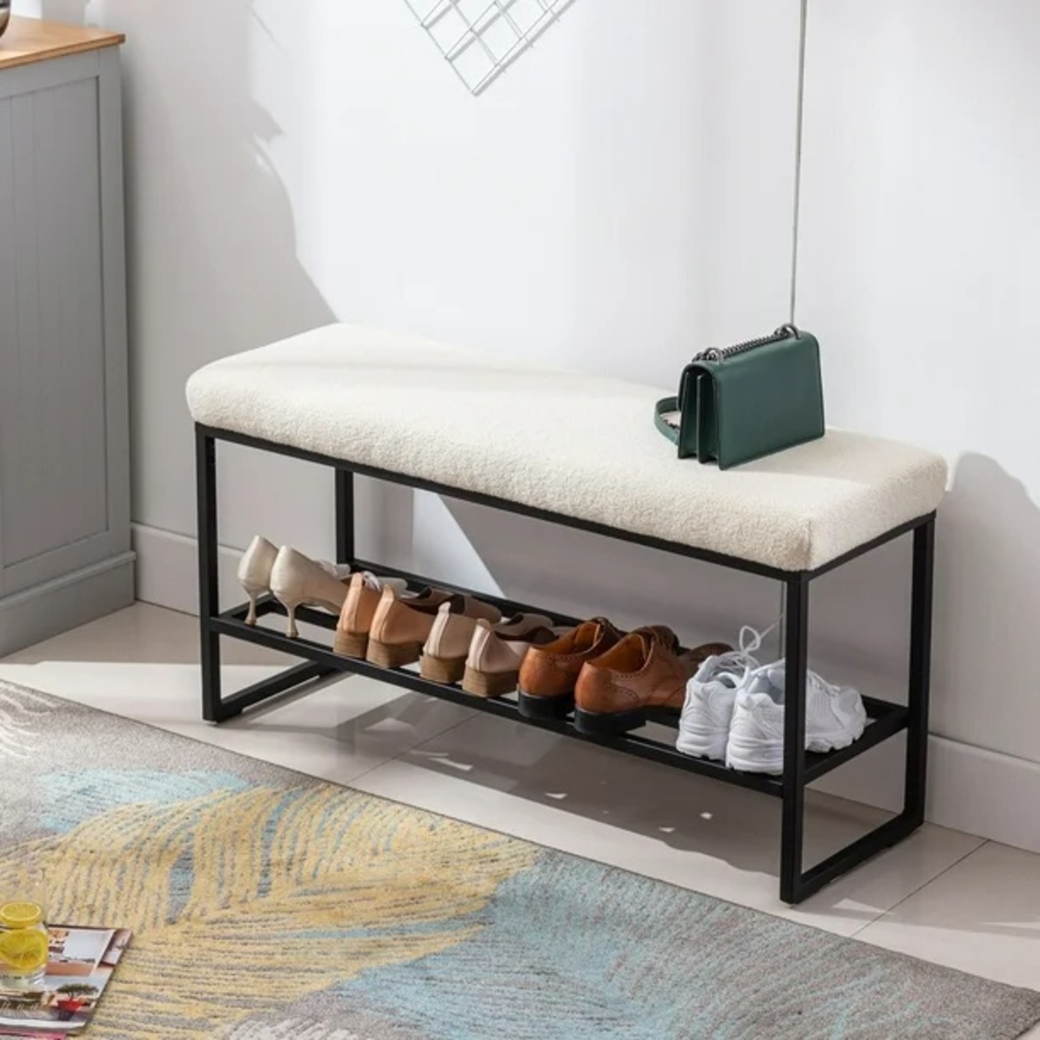 Small Black Bench with Beige Cushion - image-6