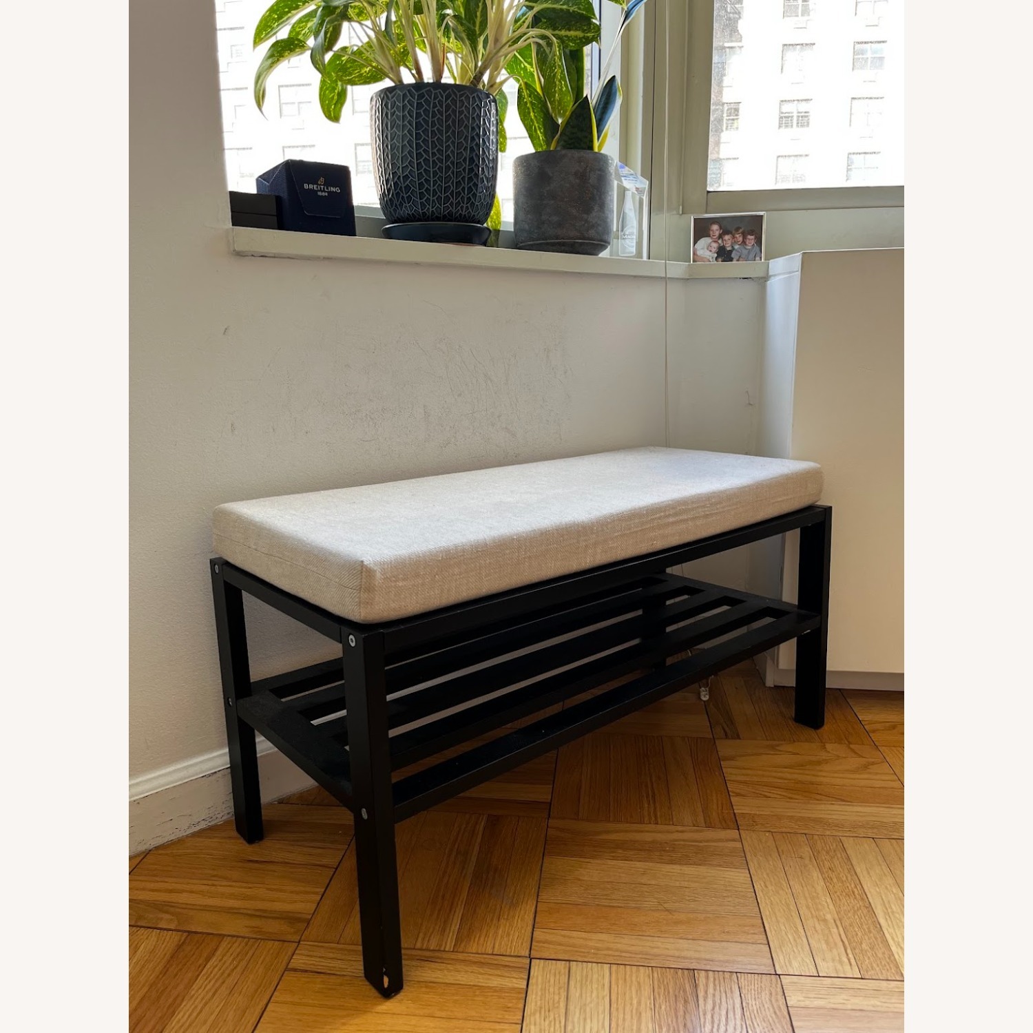 Small Black Bench with Beige Cushion - image-2