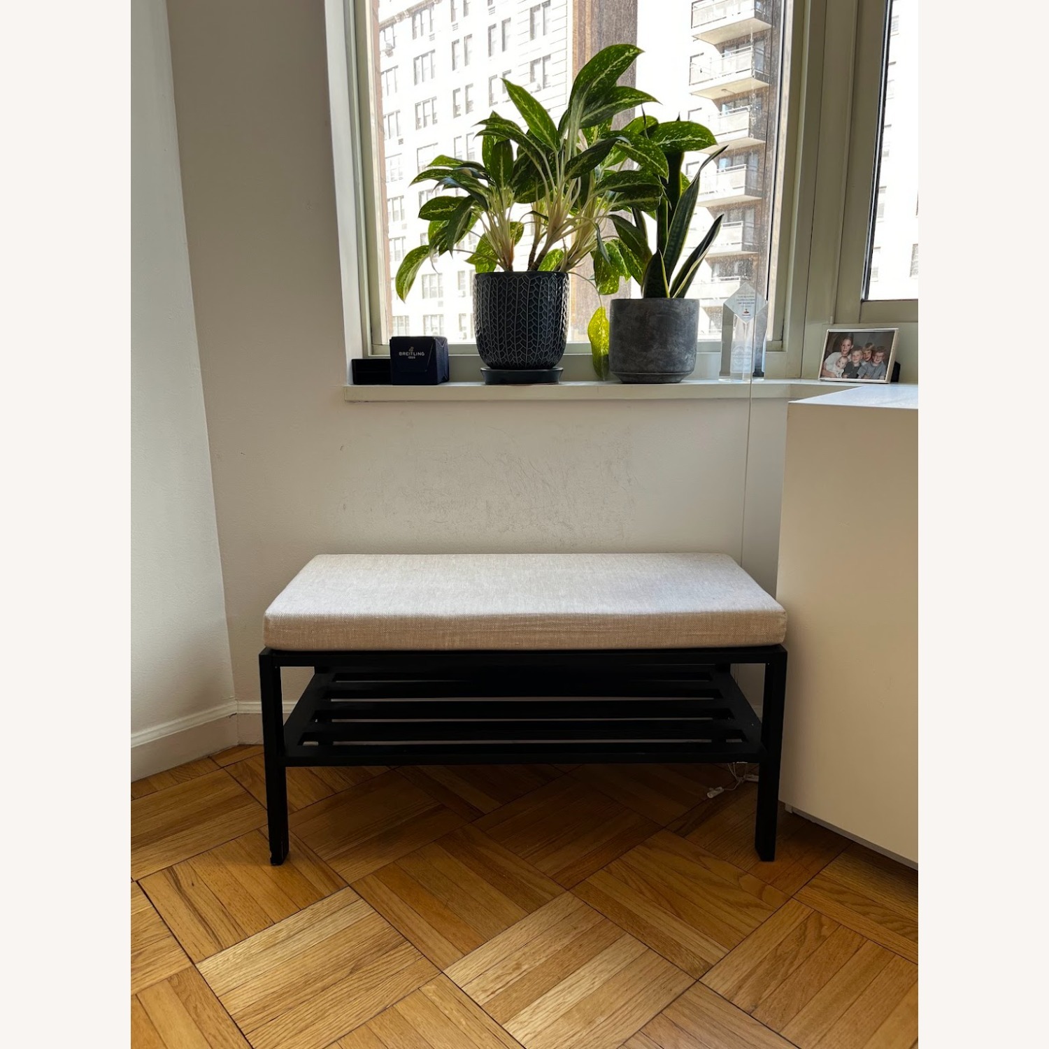 Small Black Bench with Beige Cushion - image-4