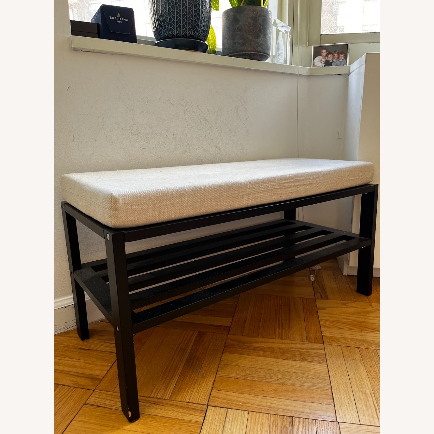 Small Black Bench with Beige Cushion - image-1