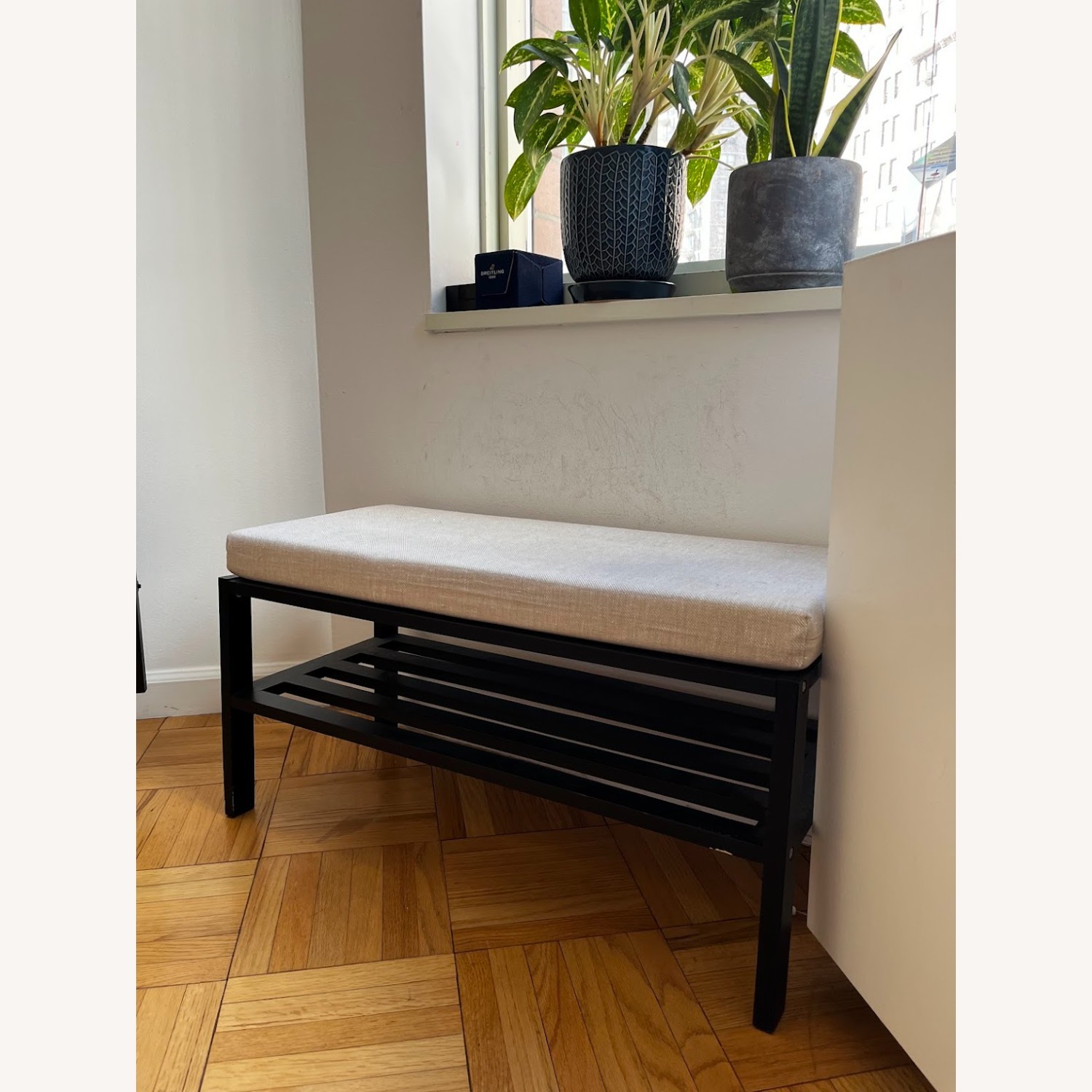 Small Black Bench with Beige Cushion - image-3