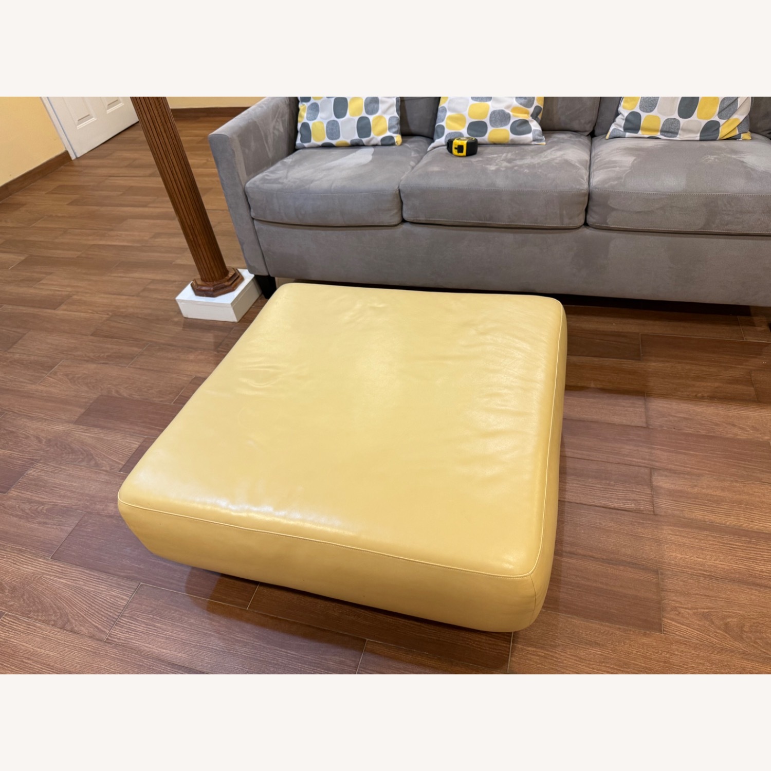 Design Within Reach Yellow Leather Ottoman on Wheels - image-4