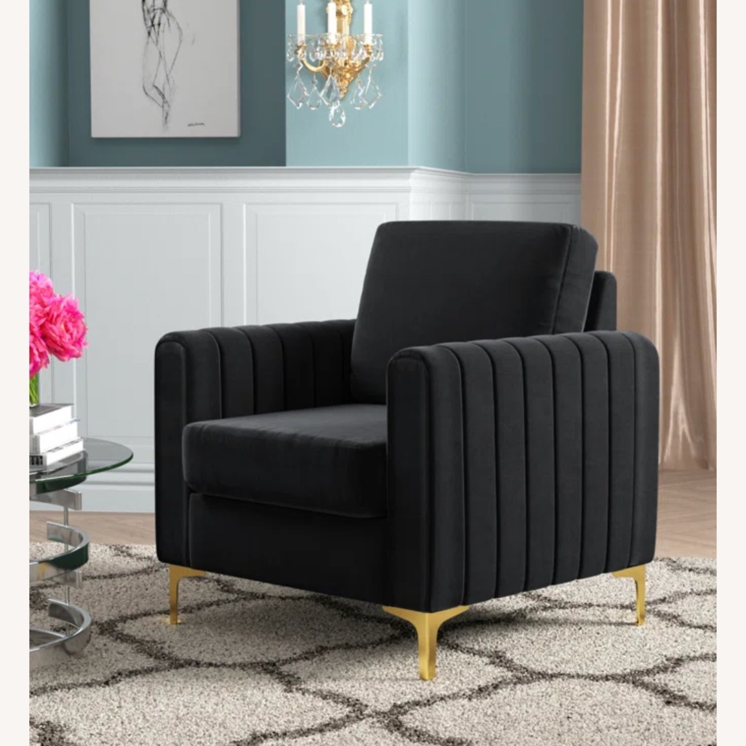 Black & Gold Velvet Accent Chair - image-1