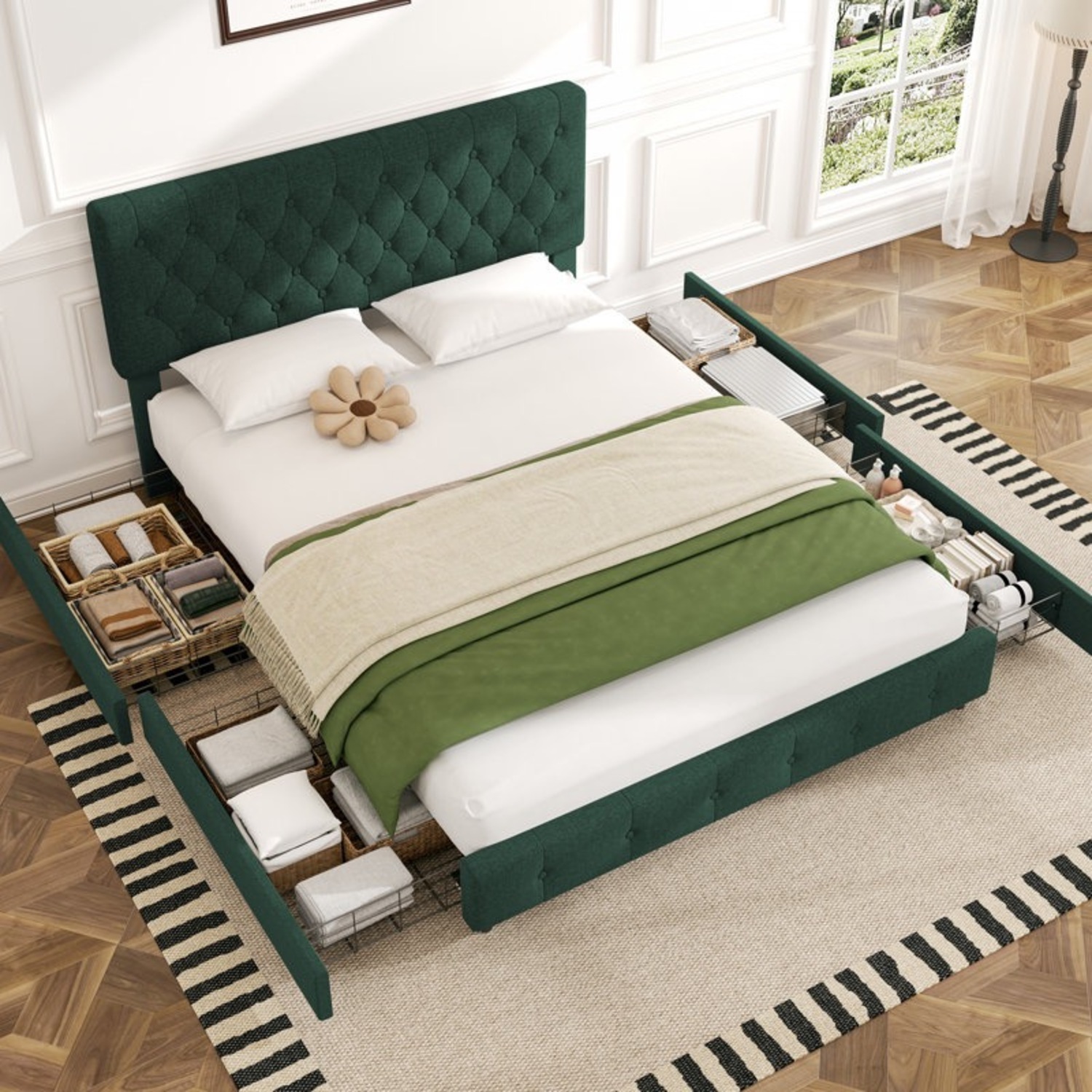 Queen Velvet Hunter Green Bed  - image-1