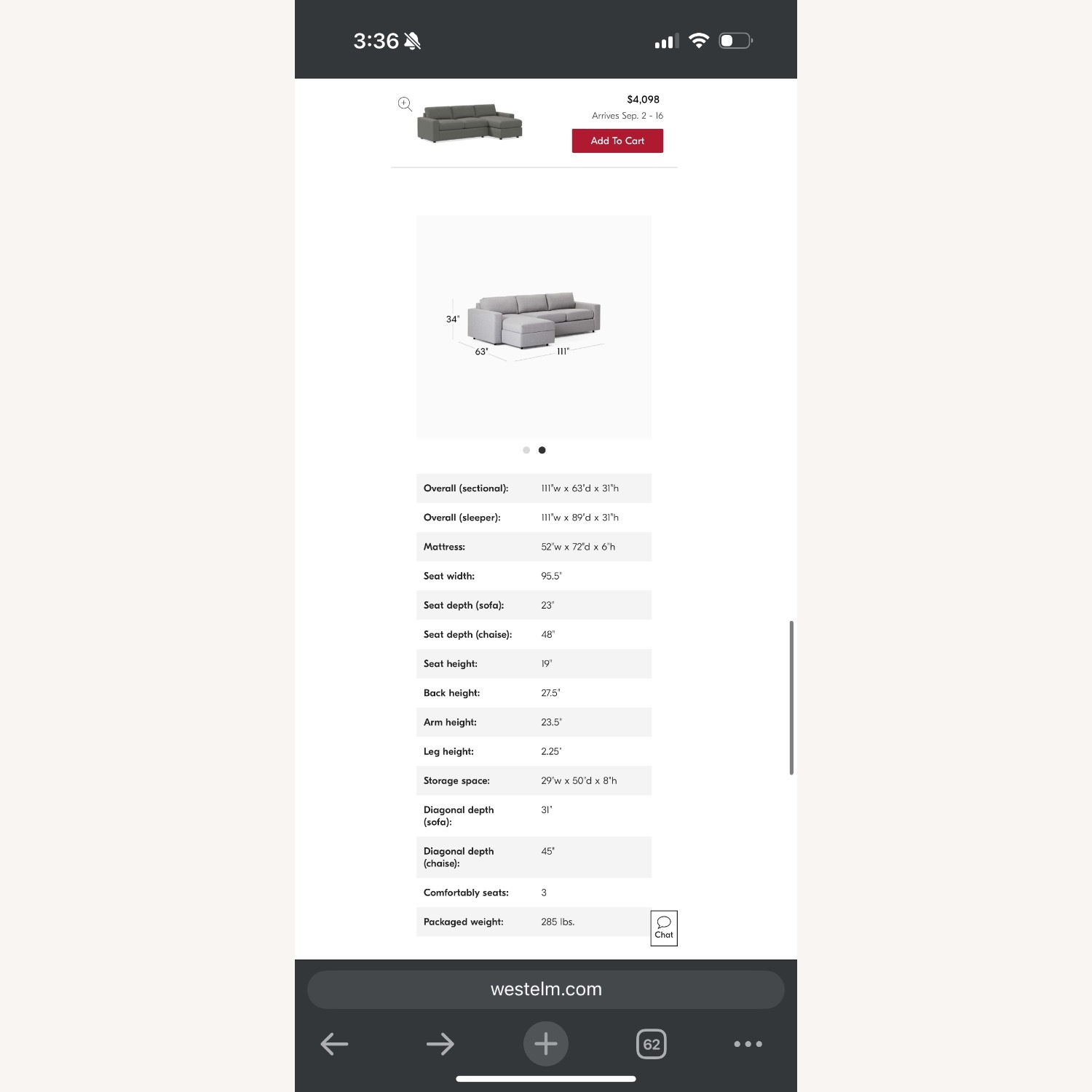 West Elm Sleeper Storage Chaise Right Sectional - image-11