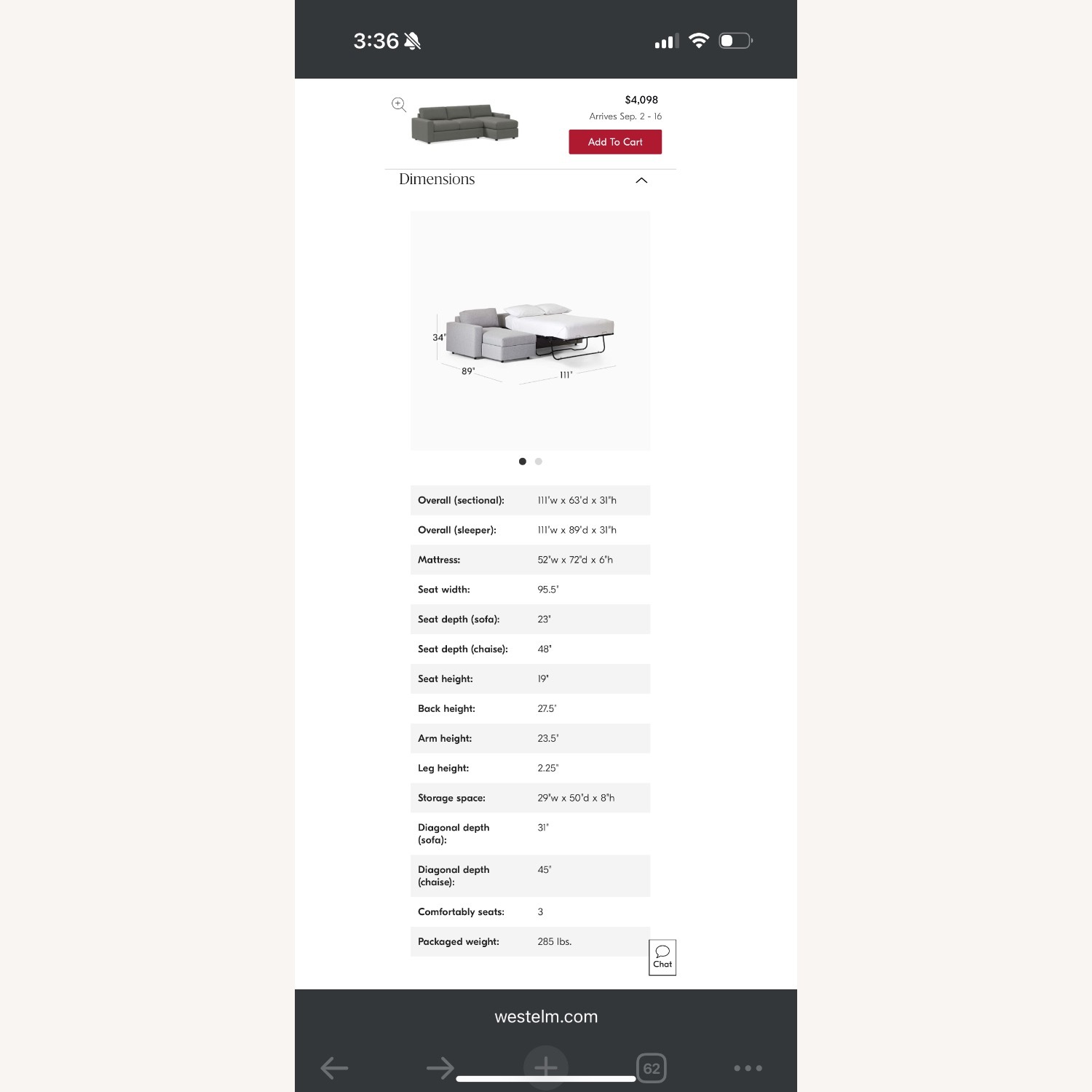 West Elm Sleeper Storage Chaise Right Sectional - image-10