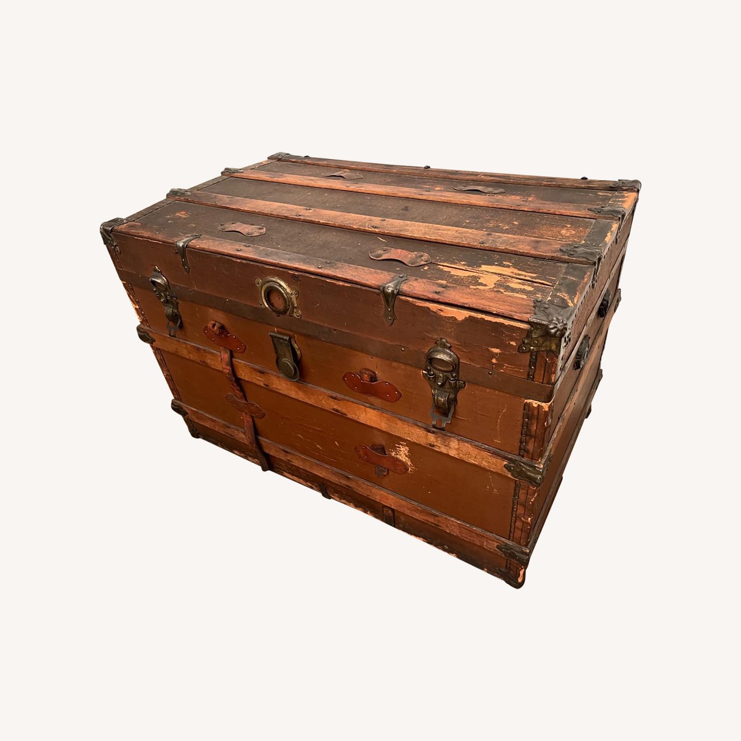 Vintage Rustic Brown Steam Trunk Wood and Metal - image-0