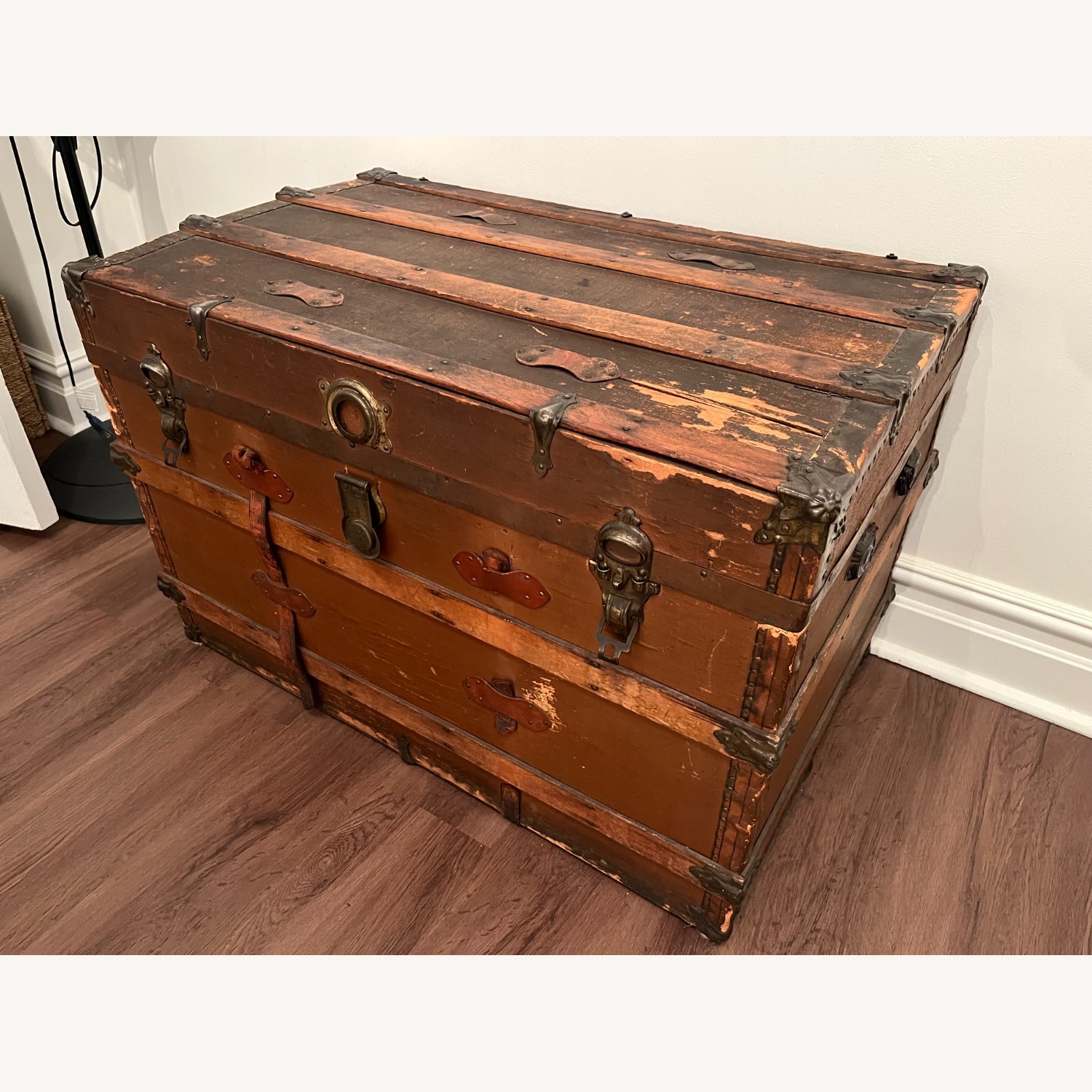 Vintage Rustic Brown Steam Trunk Wood and Metal - image-1