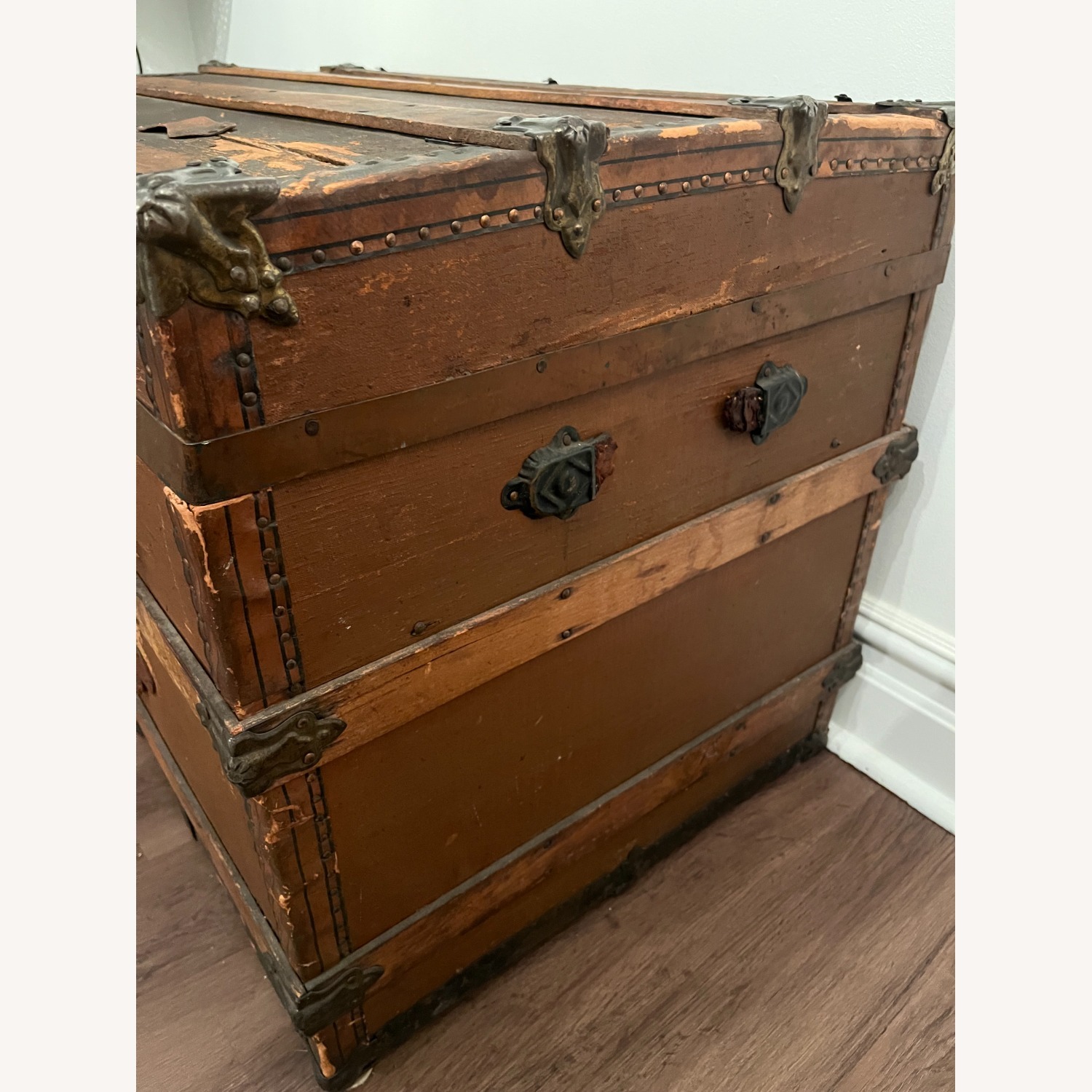 Vintage Rustic Brown Steam Trunk Wood and Metal - image-6