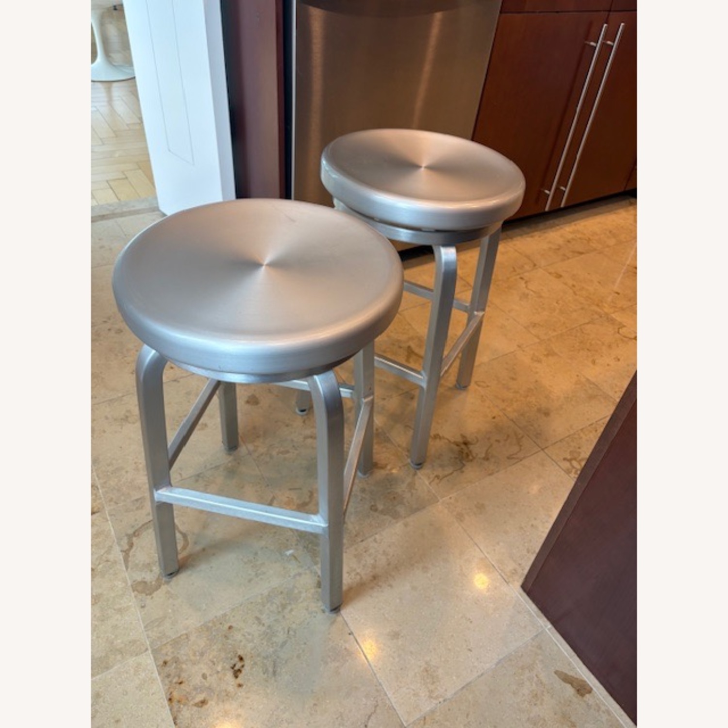 Crate & Barrel Brushed Aluminum Stools - image-0