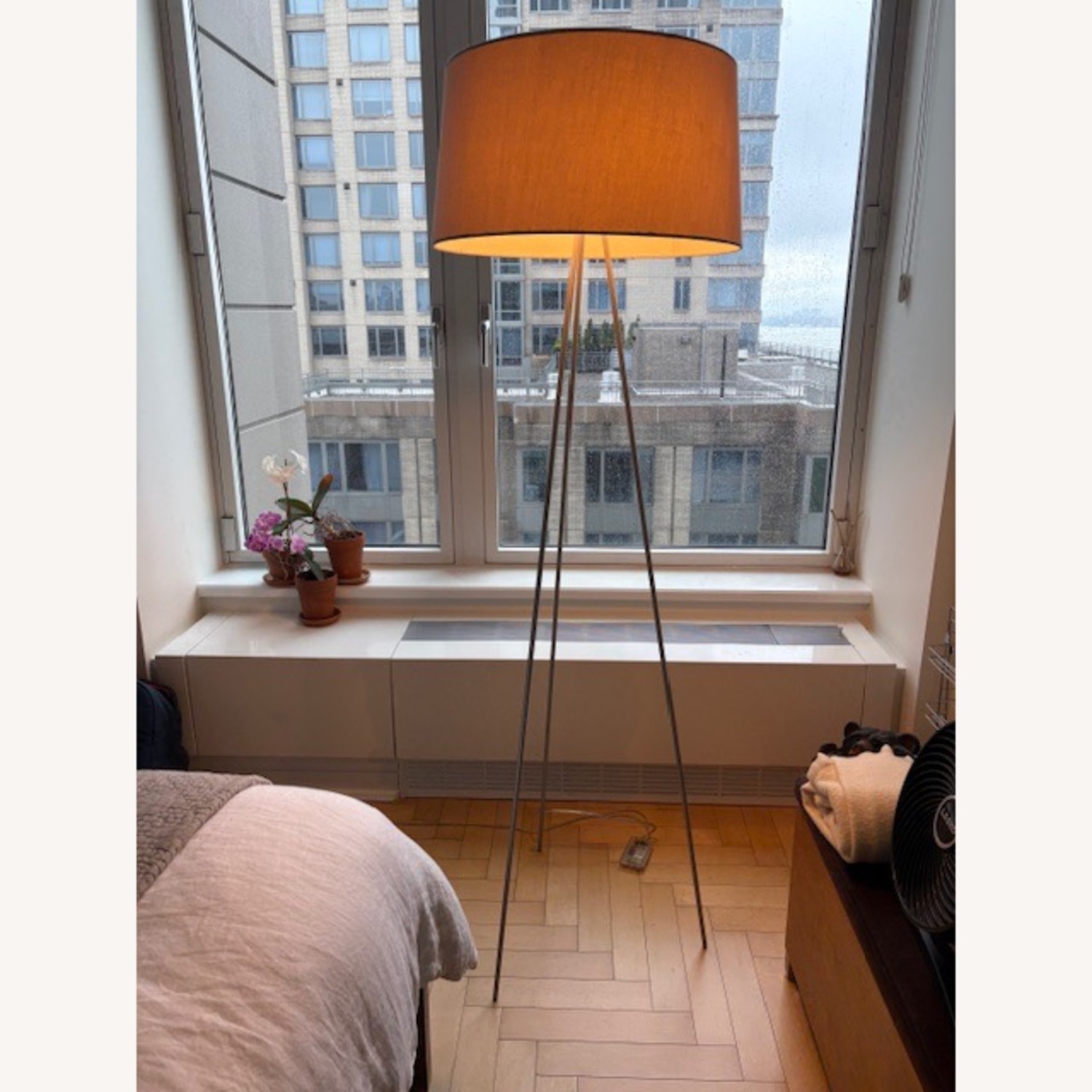 Design Within Reach Tripod Stainless Steel Lamp with Light Brown Shade - image-1