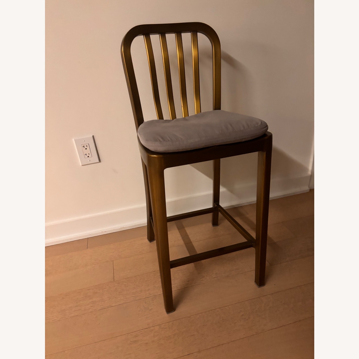 Crate & Barrel Delta Brass Counter Stool with Grey Cushion - image-2