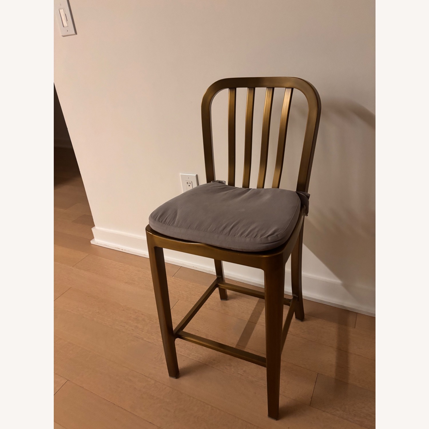 Crate & Barrel Delta Brass Counter Stool with Grey Cushion - image-3