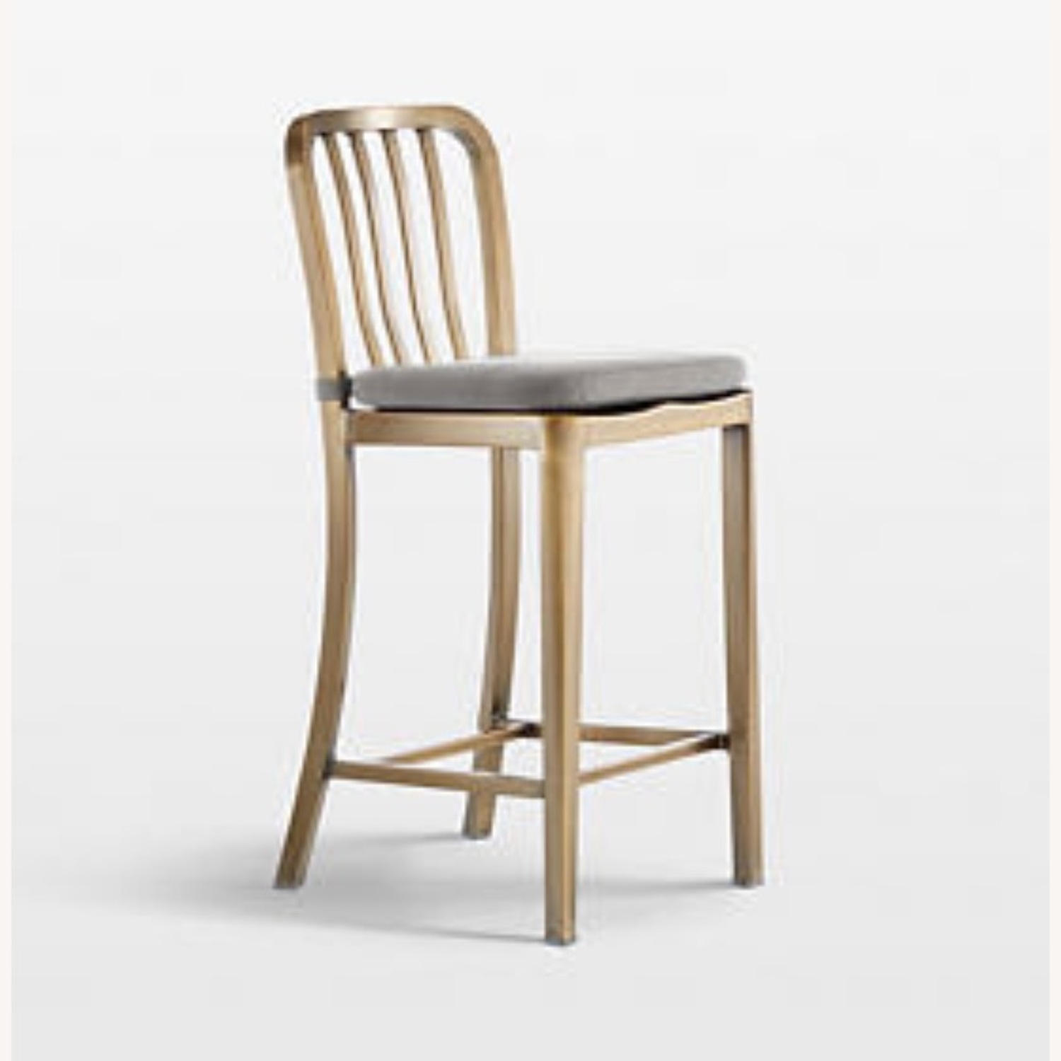 Crate & Barrel Delta Brass Counter Stool with Grey Cushion - image-1