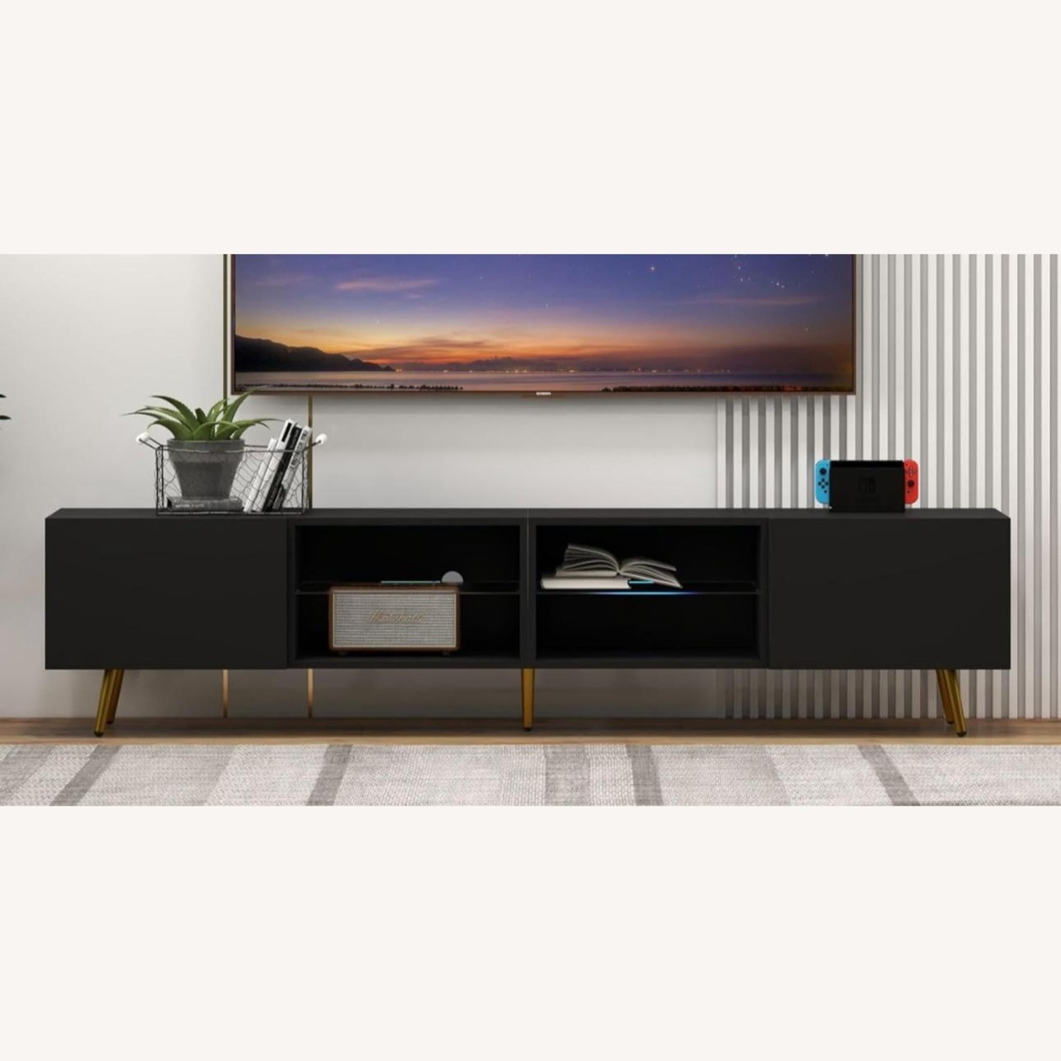 Modern 86" TV Stand with LED Lights & Storage - image-1
