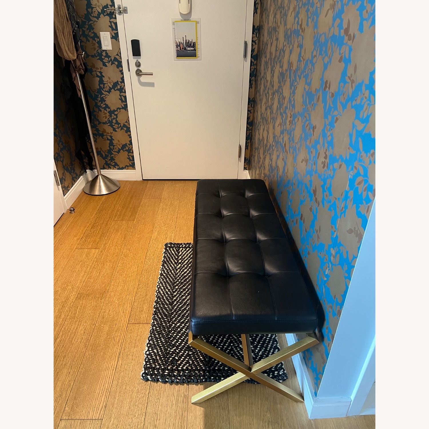 Black Leather Tufted Entry Bench W Gold Legs - image-2