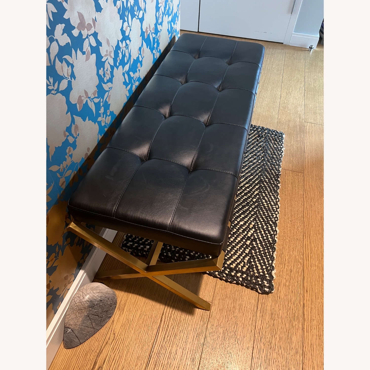 Black Leather Tufted Entry Bench W Gold Legs - image-3